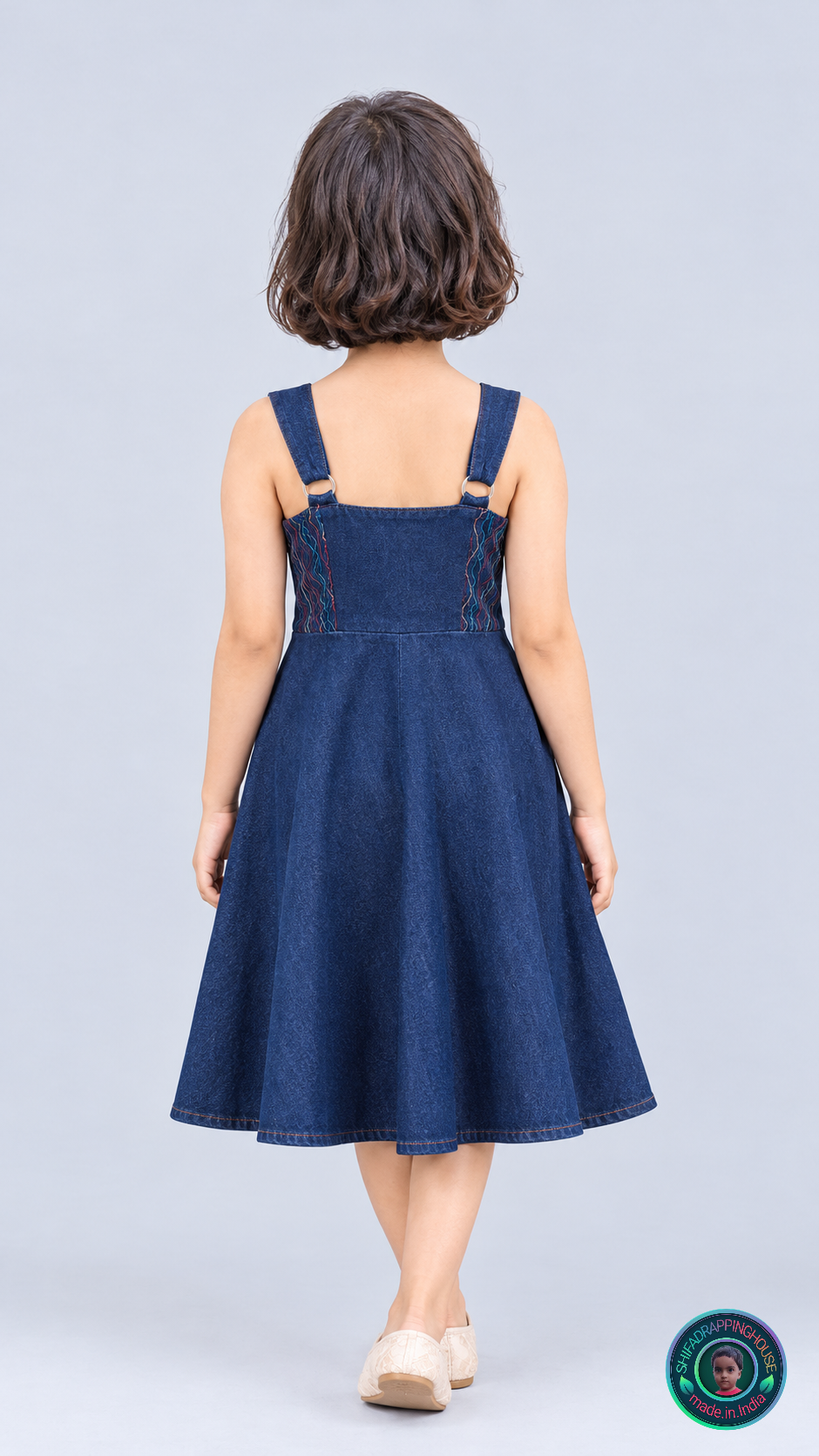ShifaDrappinghouse Kids & Women: Blue Denim A-Line Dress – Multi-Color Anchor Stitch Embroidery