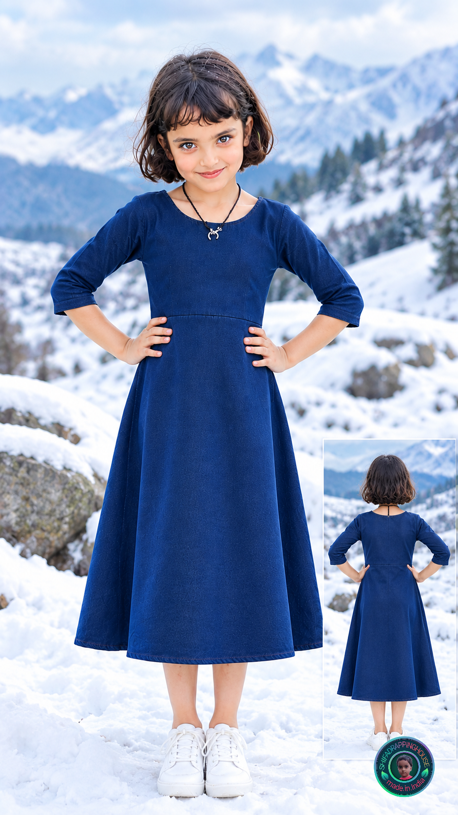 Elite Navy Blue Denim A-Line Midi Dress with Concealed Back Zipper & Side Pockets