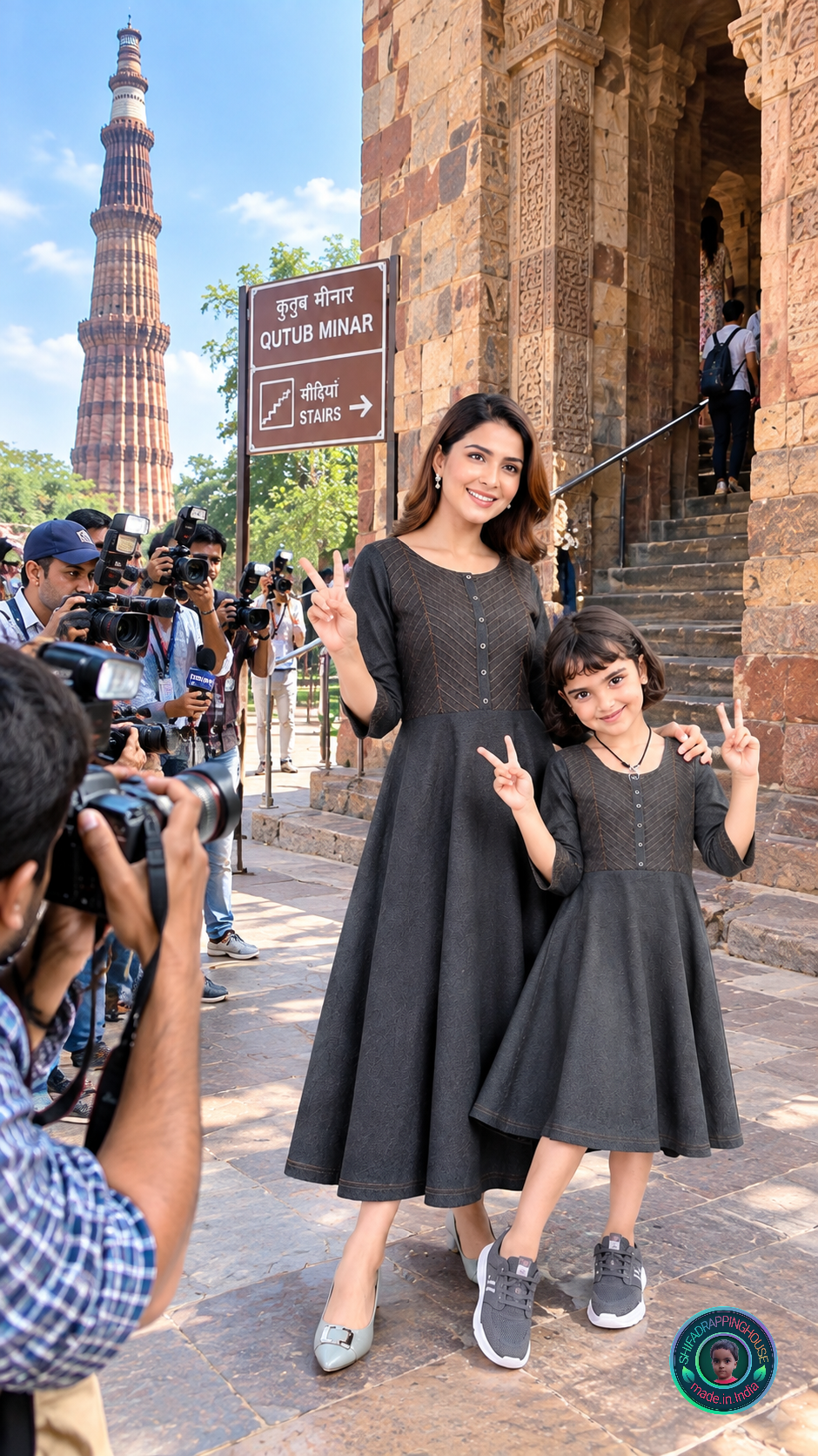 Charcoal Black-Grey Denim Indo-Western Mom-Daughter Matching Midi Dress