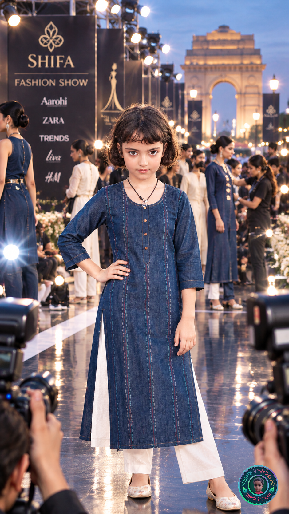 Kids Elite Navy Denim Zig-Zag Kurta | Handcrafted Tri-Color Anchoring & Wooden Detail Edition