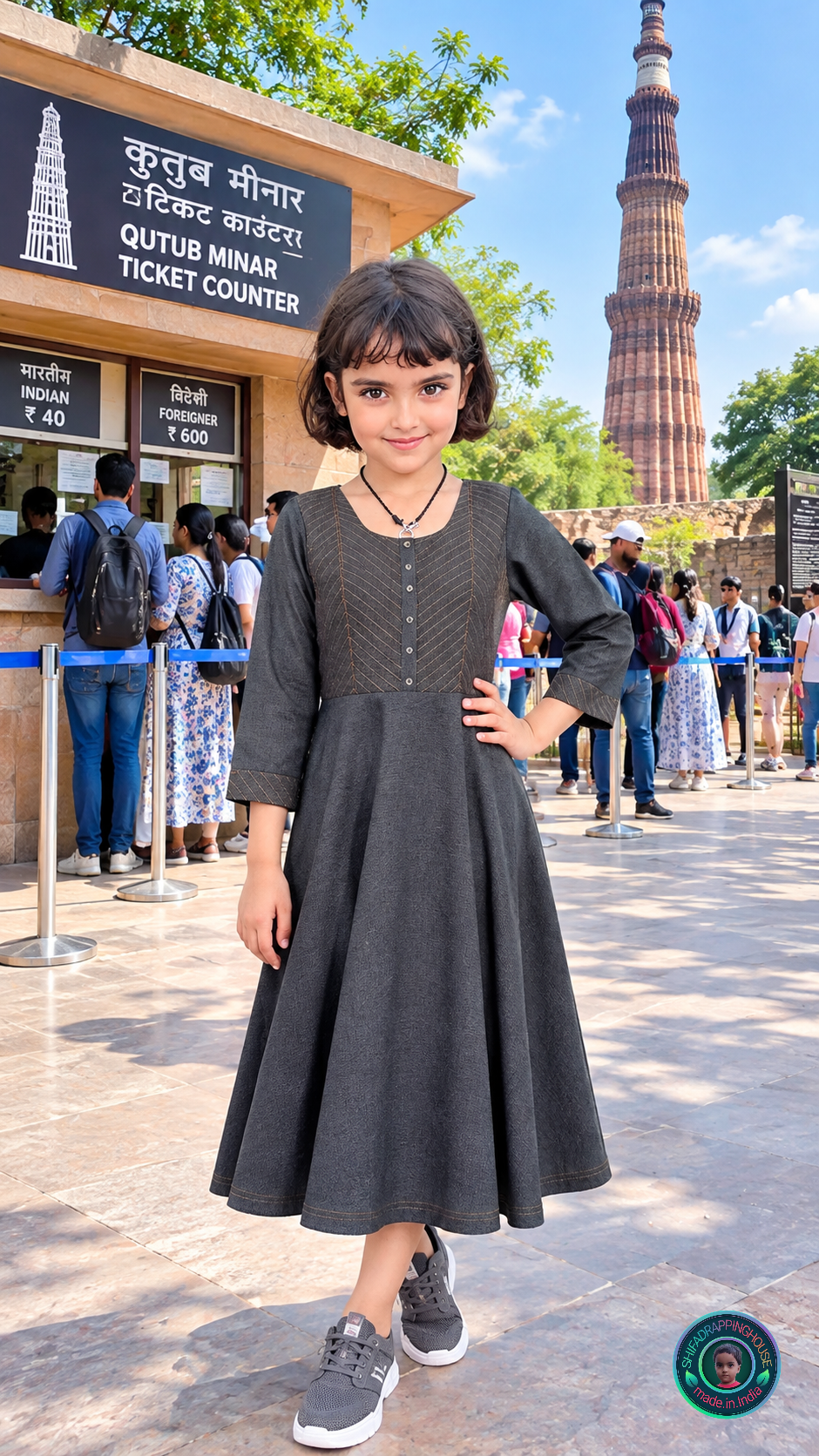 Charcoal Black-Grey Denim Indo-Western Mom-Daughter Matching Midi Dress