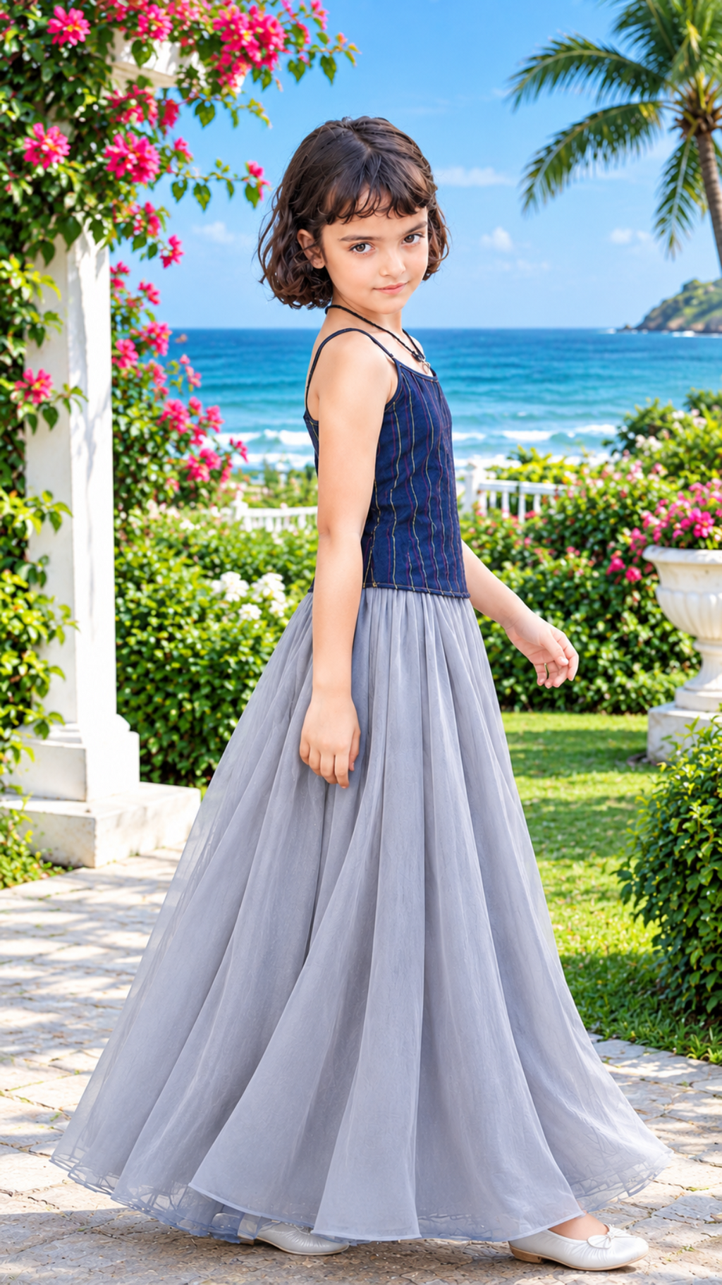 A young girl wearing a sleeveless navy blue top and a long, flowing light gray tulle skirt, standing outdoors in a garden with a beach and palm trees in the background.
