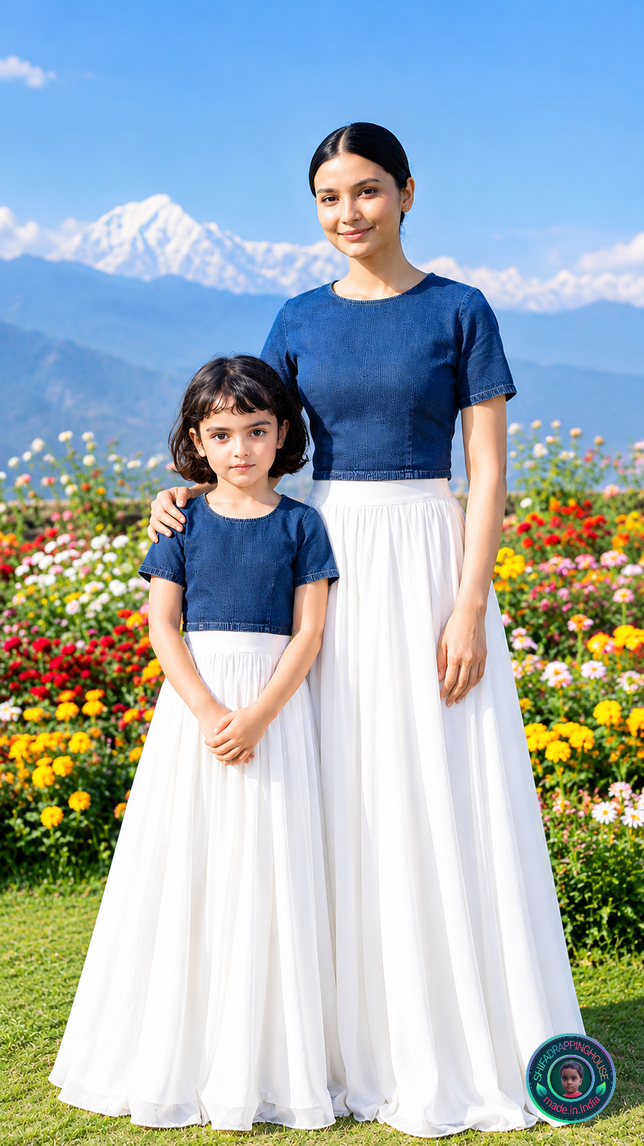 Royal Navy Blue Denim Minimalist Blouse – Elegant Round Neck Cap Sleeve Indo-Western Top with Premium Back Metal Zipper - Mom & Daughter Matching