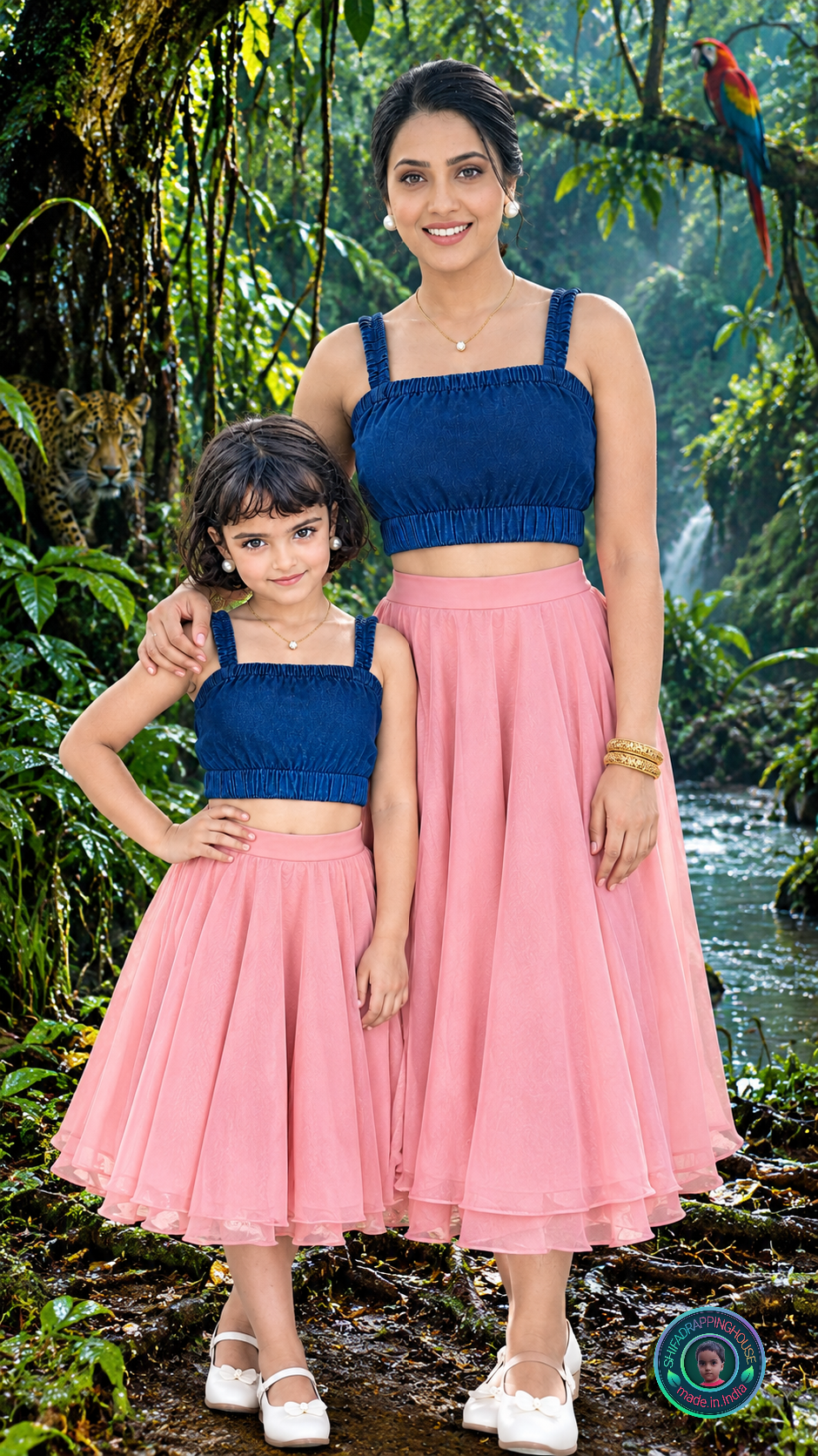 Royal Indigo Gathered Denim Blouse – Elasticated Luxury Crop Top with Concealed Zipper - Mom & Daughter Matching