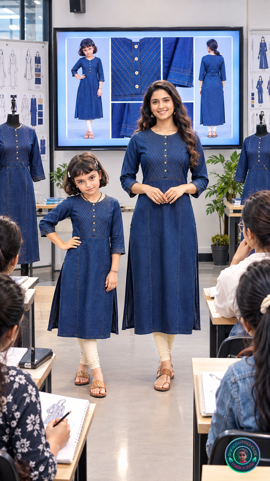 Kids Premium Blue Denim Kurti with Gold Stitching & Button Work