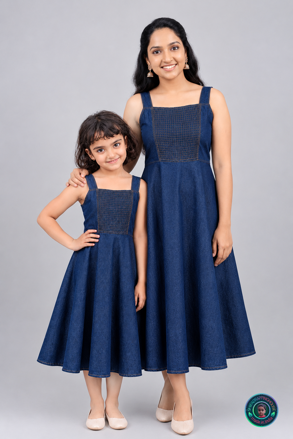 ShifaDrappinghouse Kids & Women: Elegant Indigo Denim Smoked Midi Dress – Royal Fit & Flare Sleeveless Summer Dress