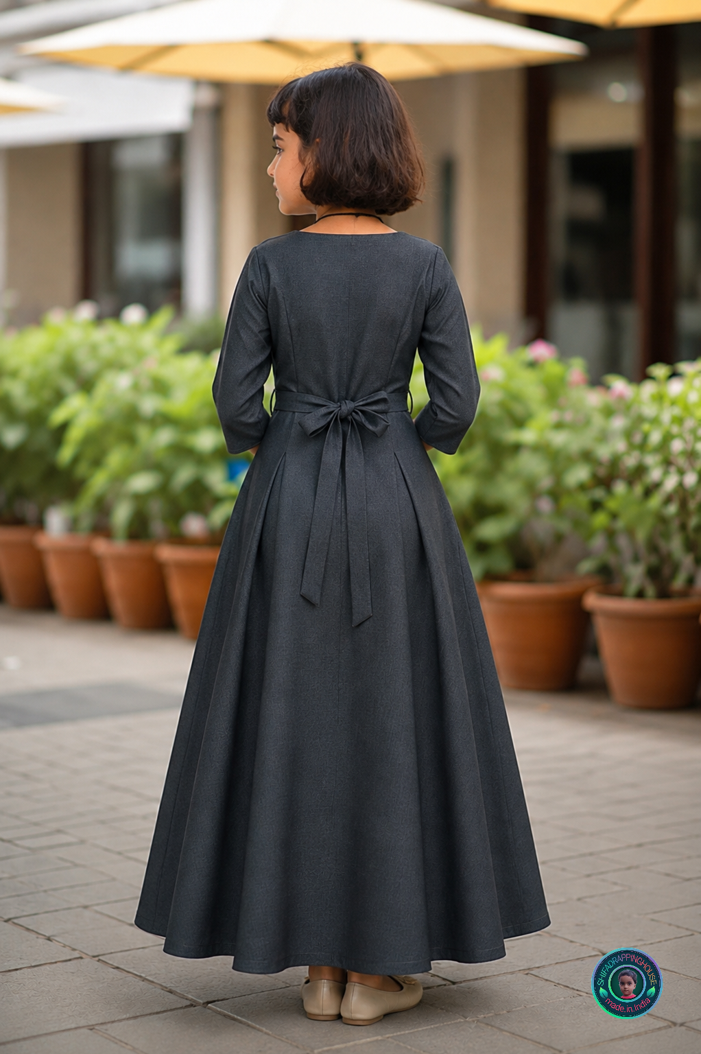 Shifa Drapping House - Premium Charcoal Black-Grey Denim Overlap Maxi Dress with White Buttons & Back Tie-Up