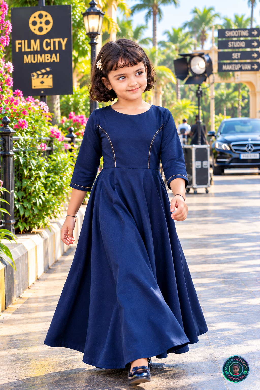 Indo-Western Denim Long Gown with Golden Stitching Details - Mom & Daughter Matching