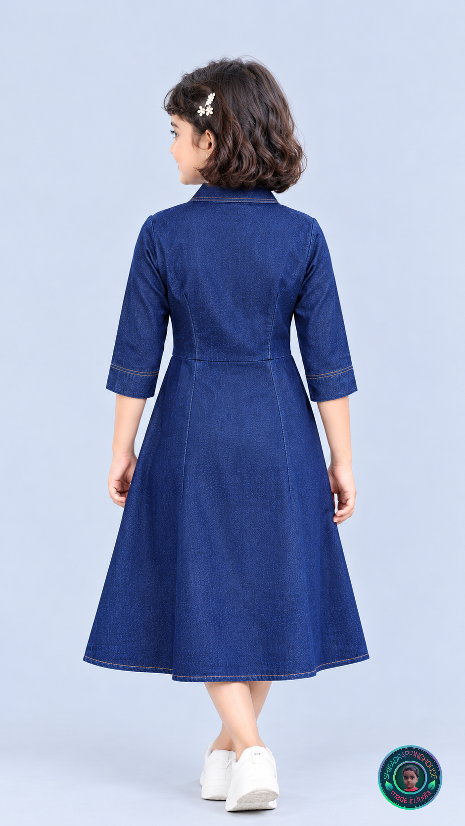 Indo-Western Elite: Princess-Cut Soft Denim Midi Dress with Wooden Accents