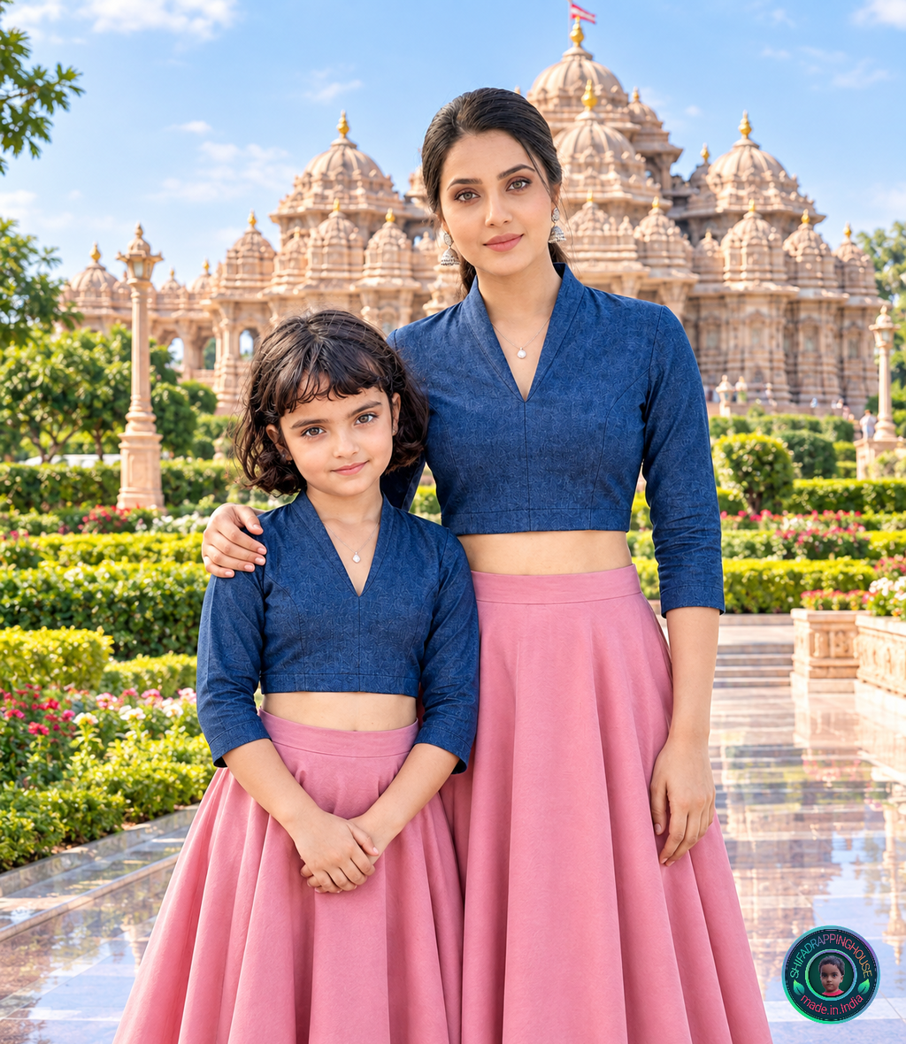 Imperial Sapphire Princess Cut Denim Blouse – Royal V-Neck and 3/4th Sleeve Statement Top - Mom & Daughter Matching