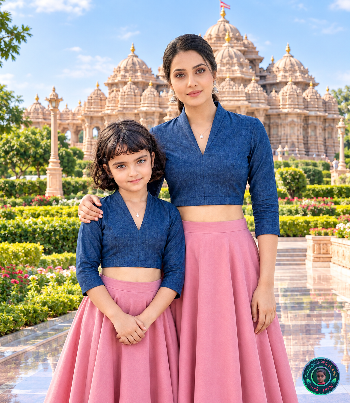 Imperial Sapphire Princess Cut Denim Blouse – Royal V-Neck and 3/4th Sleeve Statement Top - Mom & Daughter Matching