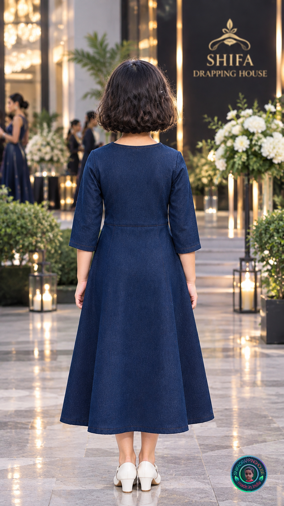 Kids Royal Navy Blue Denim Midi Dress with Keyhole Neck & 3/4 Sleeves