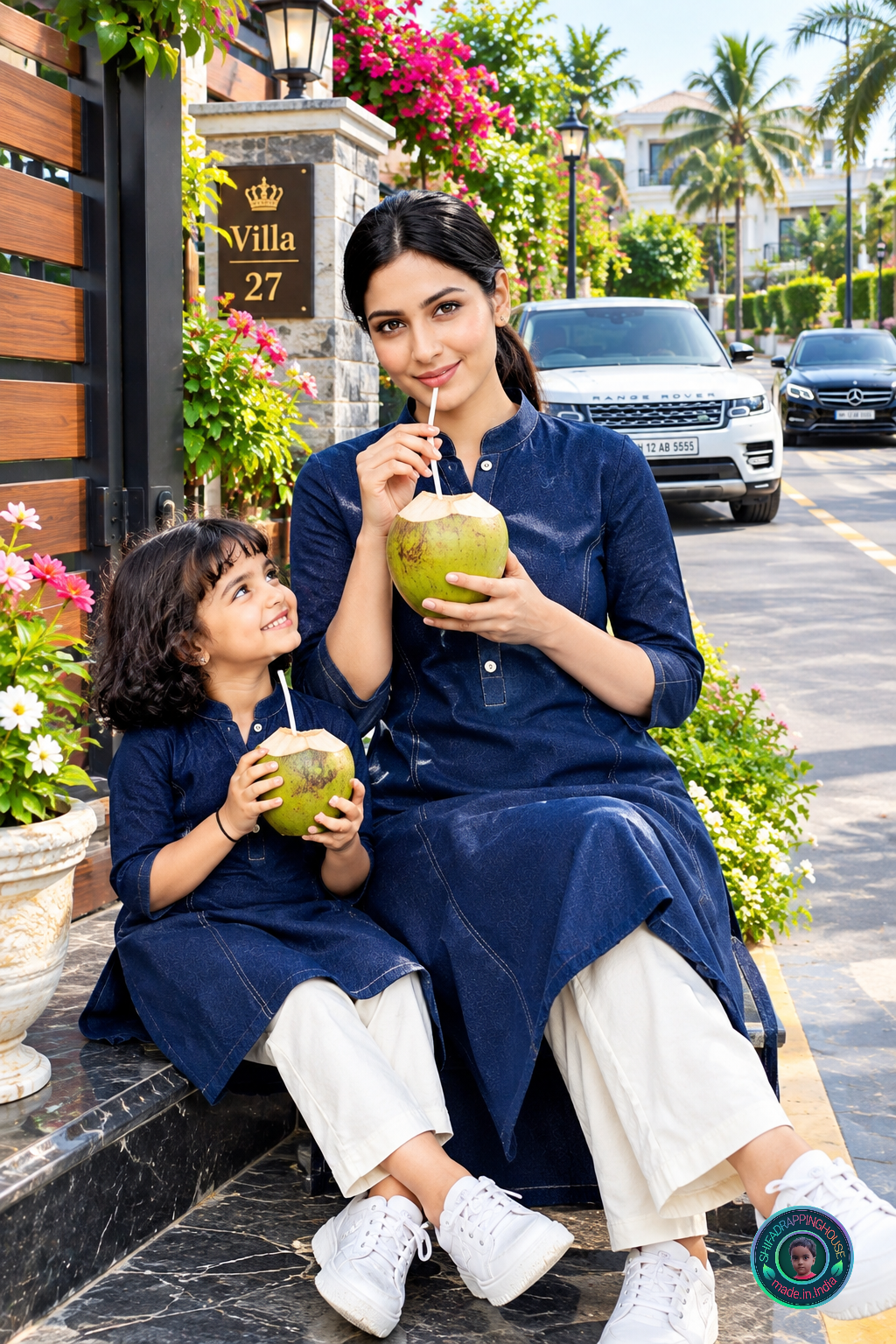 Kids Imperial Navy Soft Denim Kurta with Princess Line & Wooden Accents
