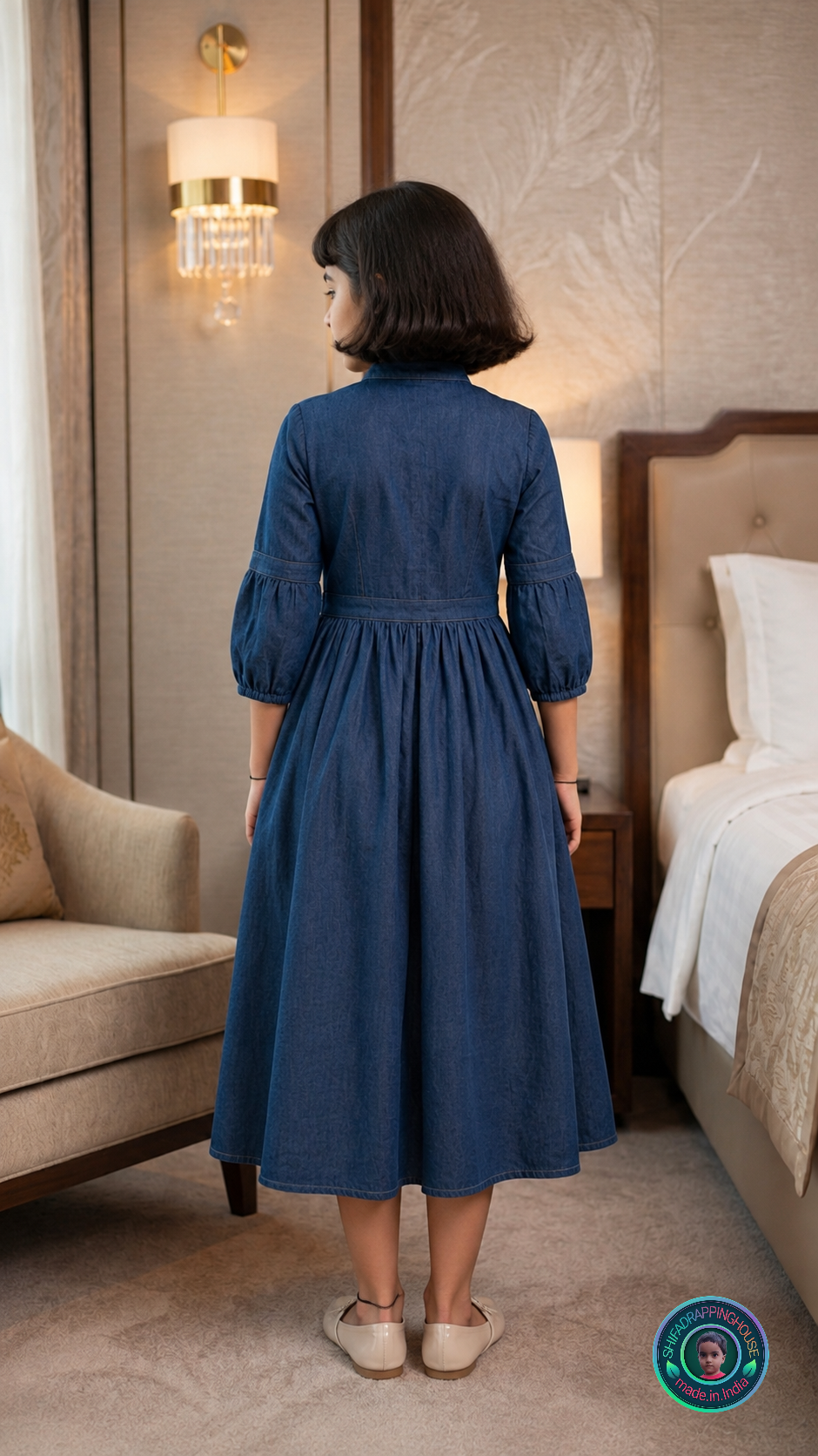 Elegance Mandarin Collar Denim Mom-Daughter Matching Midi Dress with Wooden Buttons & 3/4 Sleeves