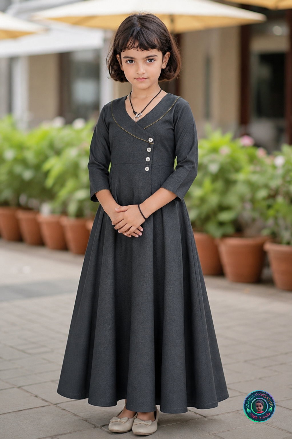 Shifa Drapping House - Premium Charcoal Black-Grey Denim Overlap Maxi Dress with White Buttons & Back Tie-Up