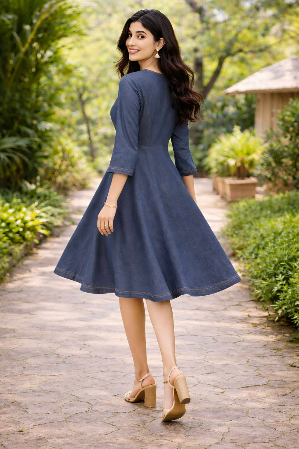 Shifa Draping House - Premium Blue Denim A-Line Midi Dress