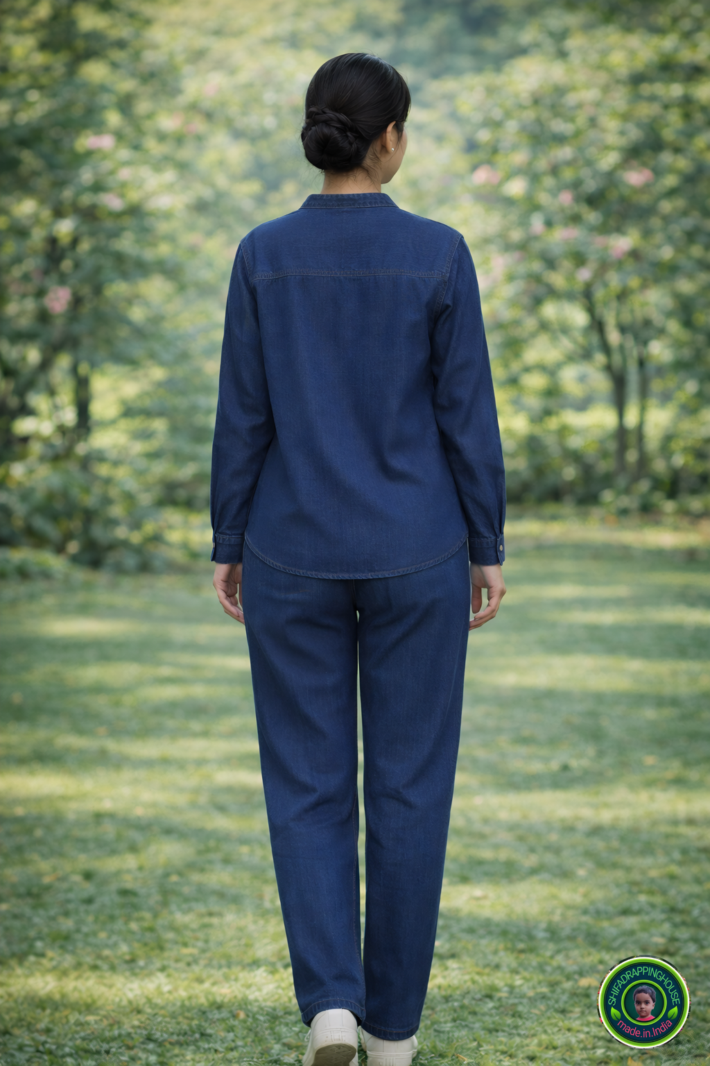 Premium Soft Denim Chinese Collar Shirt with Pearl White Buttons – Shifa Drapping House Exclusive