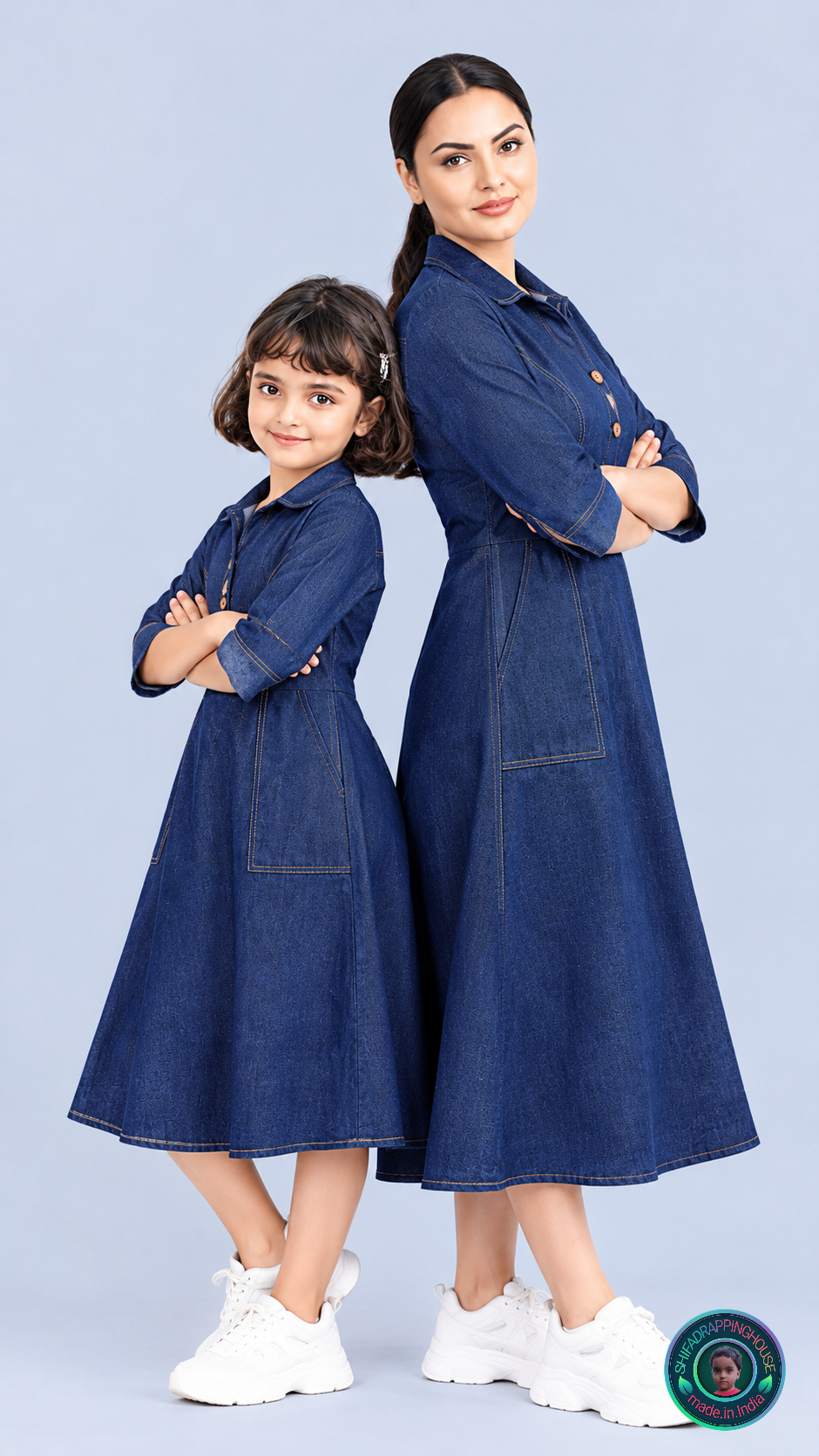 Indo-Western Elite: Princess-Cut Soft Denim Midi Dress with Wooden Accents