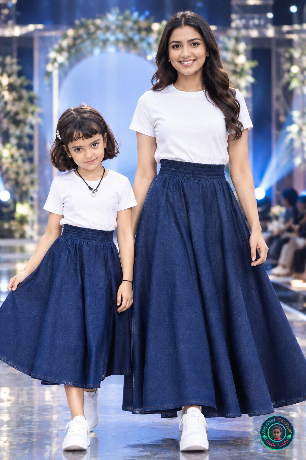 Navy Blue Denim Gathered Midi Skirt with Wide Elasticated Waistband & Inner Lining - Mom & Daughter Matching