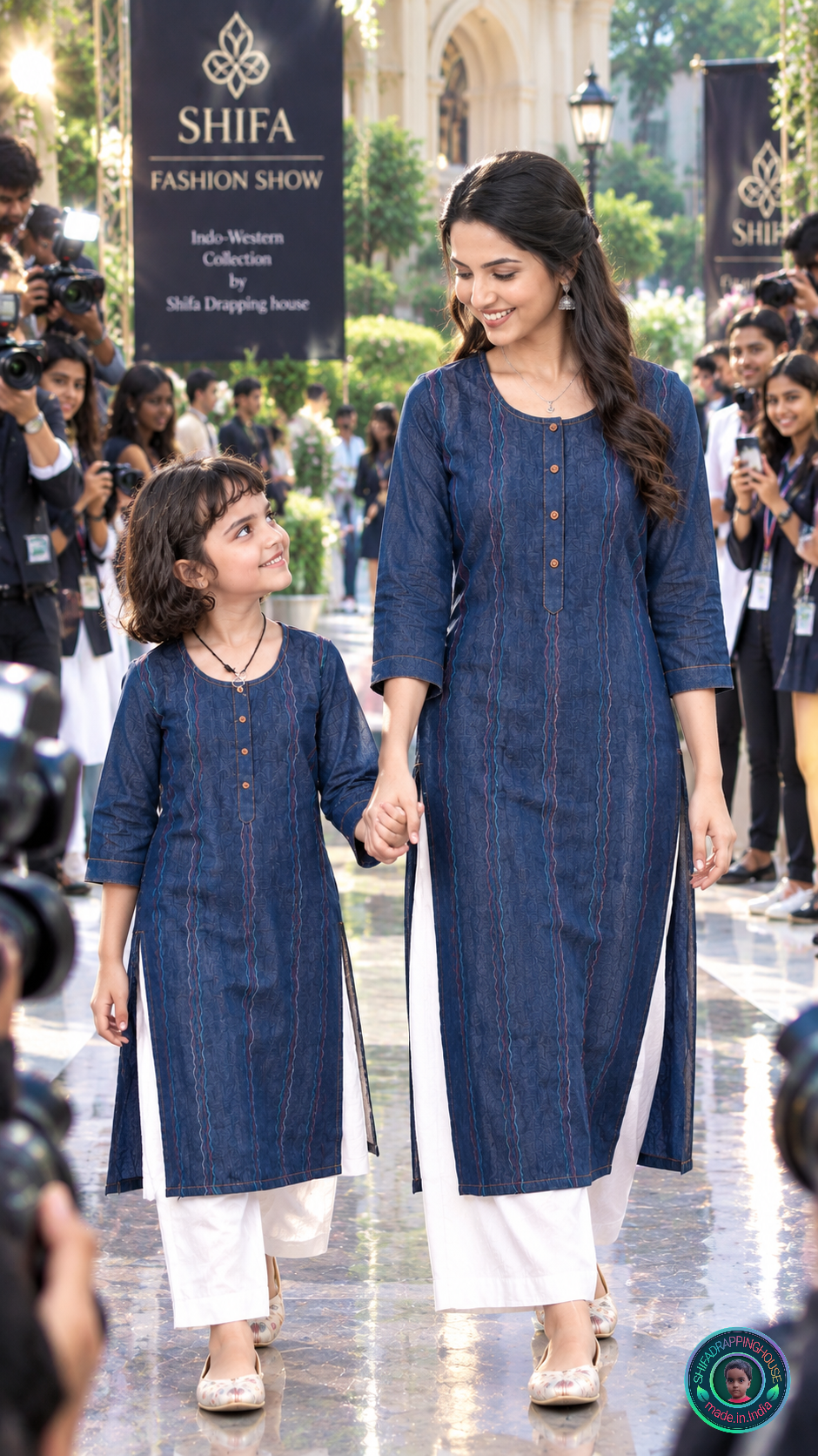 Kids Elite Navy Denim Zig-Zag Kurta | Handcrafted Tri-Color Anchoring & Wooden Detail Edition