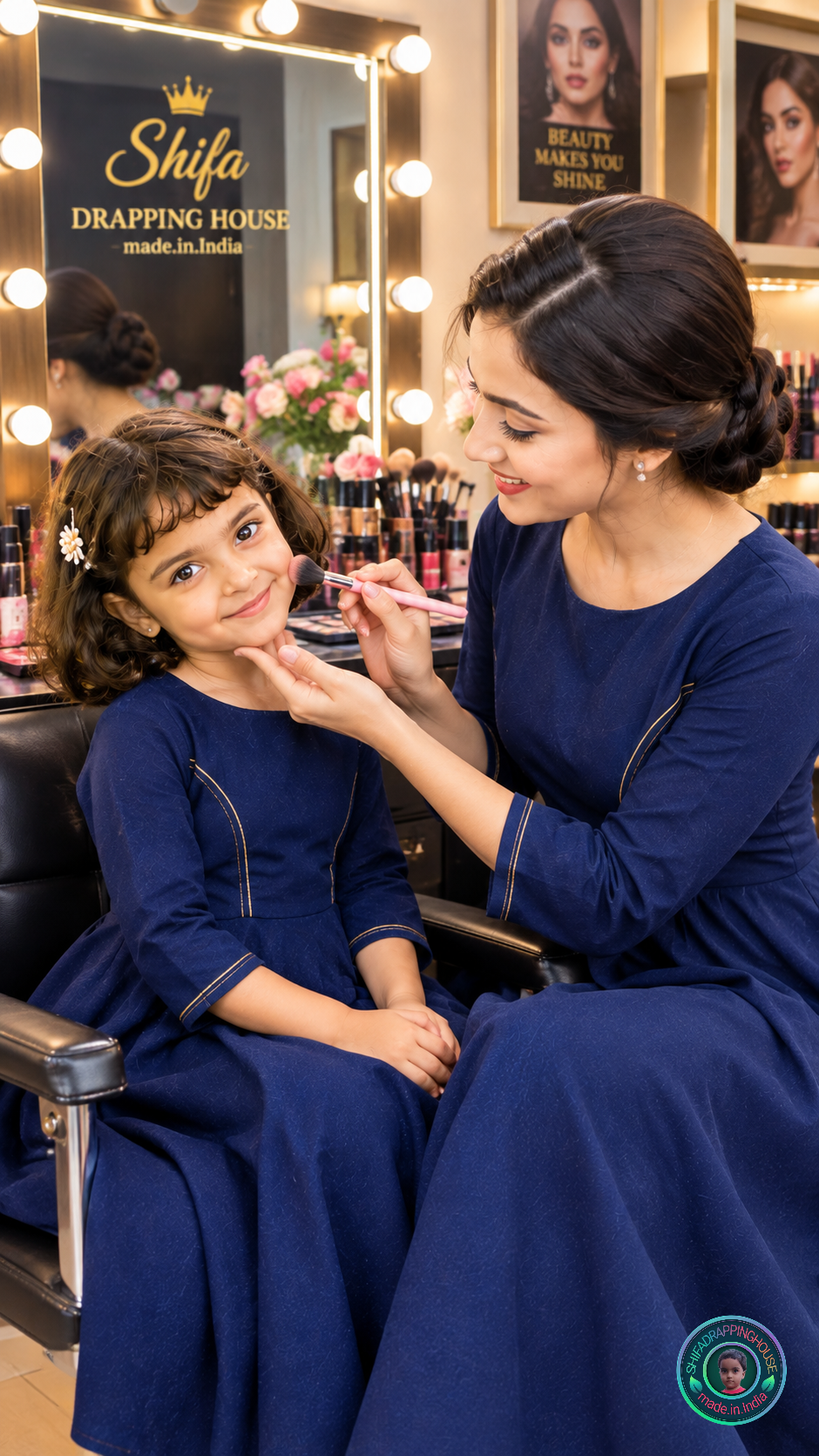 Indo-Western Denim Long Gown with Golden Stitching Details - Mom & Daughter Matching