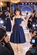 Trendy Navy Blue Denim Midi Dress with Shoulder Straps & Utility Pockets