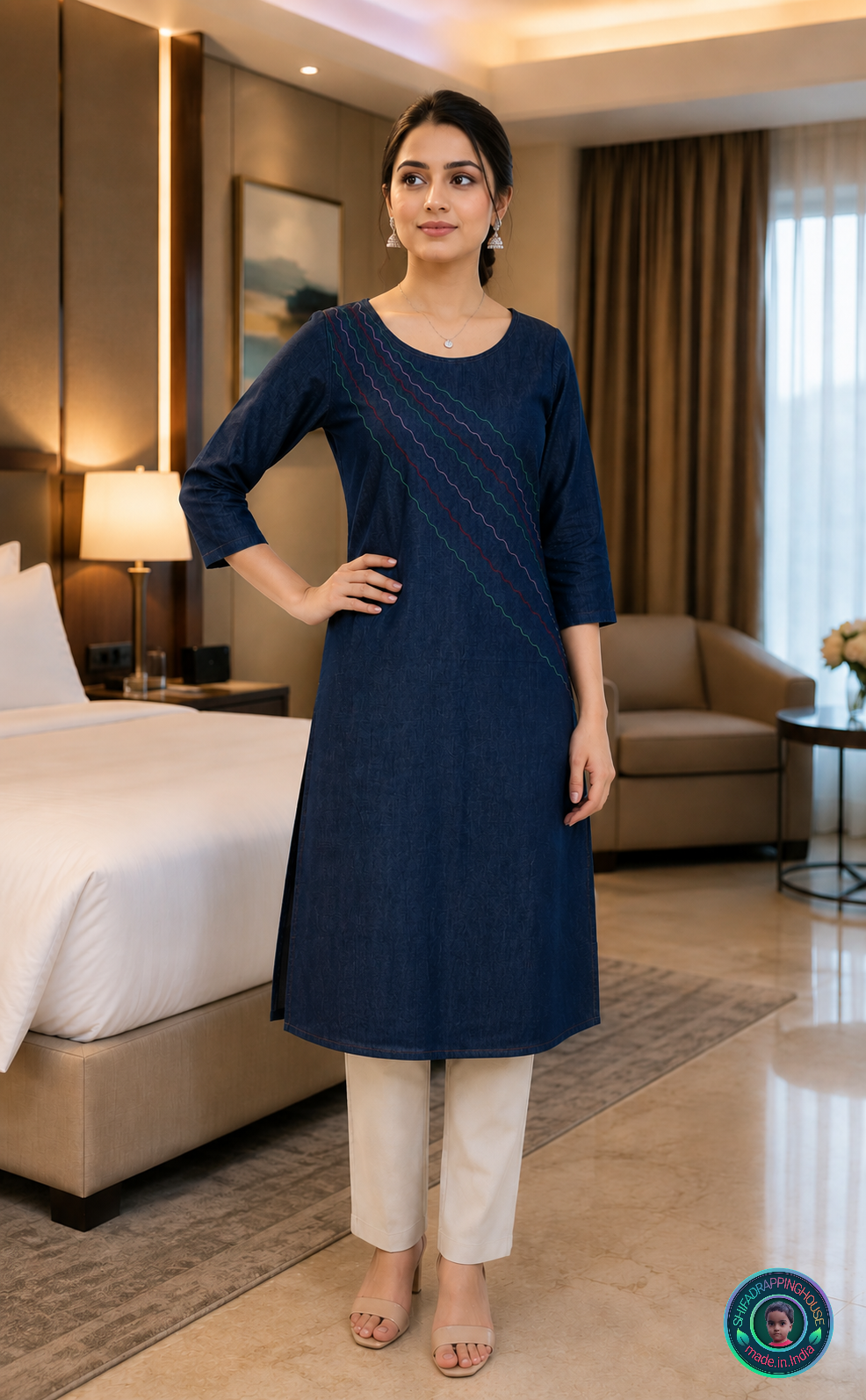 Elite Navy Denim 'Flow-Line' Kurta | Handcrafted Shoulder-to-Slit Zig-Zag Anchoring Edition