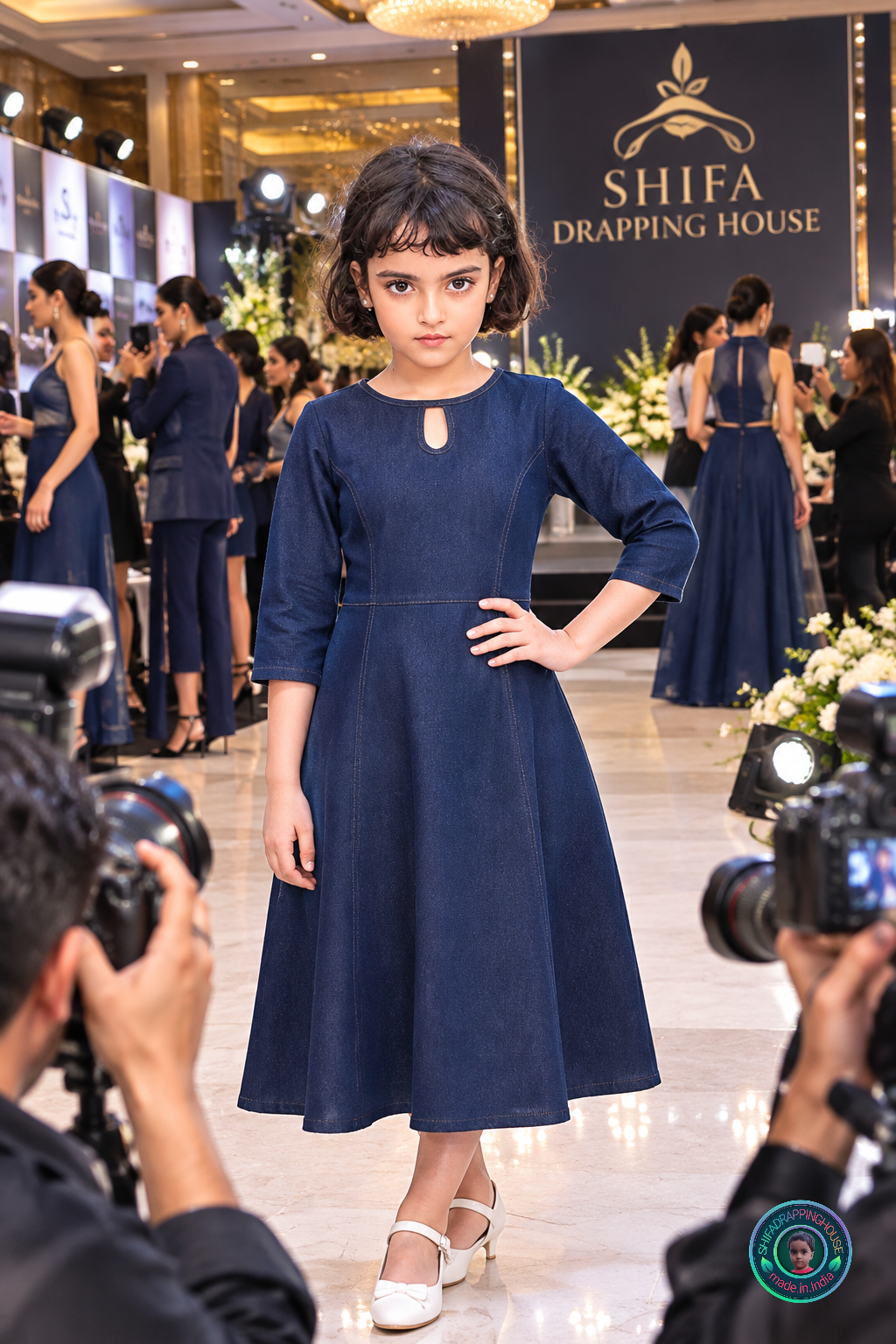 Kids Royal Navy Blue Denim Midi Dress with Keyhole Neck & 3/4 Sleeves