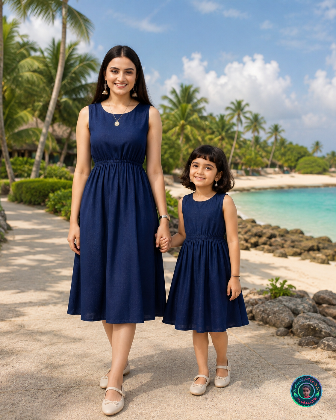 Luxury Navy Blue Denim Sleeveless Midi Dress - Essential Tourist & Beach Wear