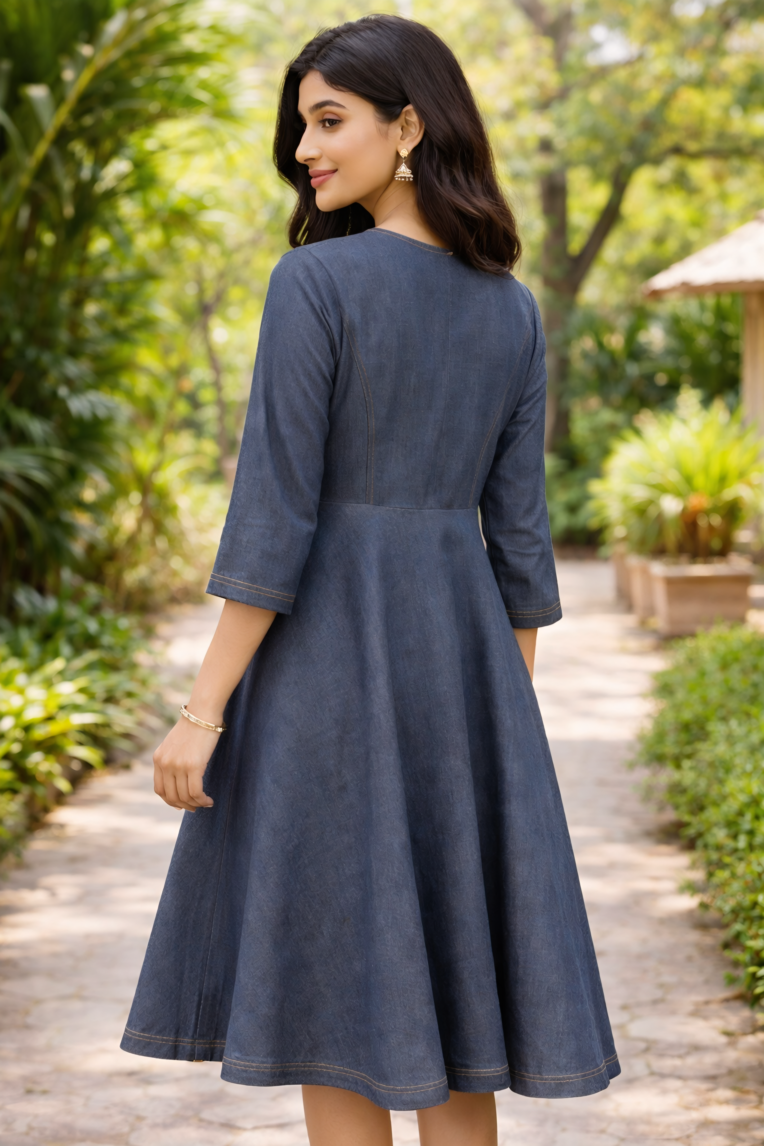Shifa Draping House - Premium Blue Denim A-Line Midi Dress