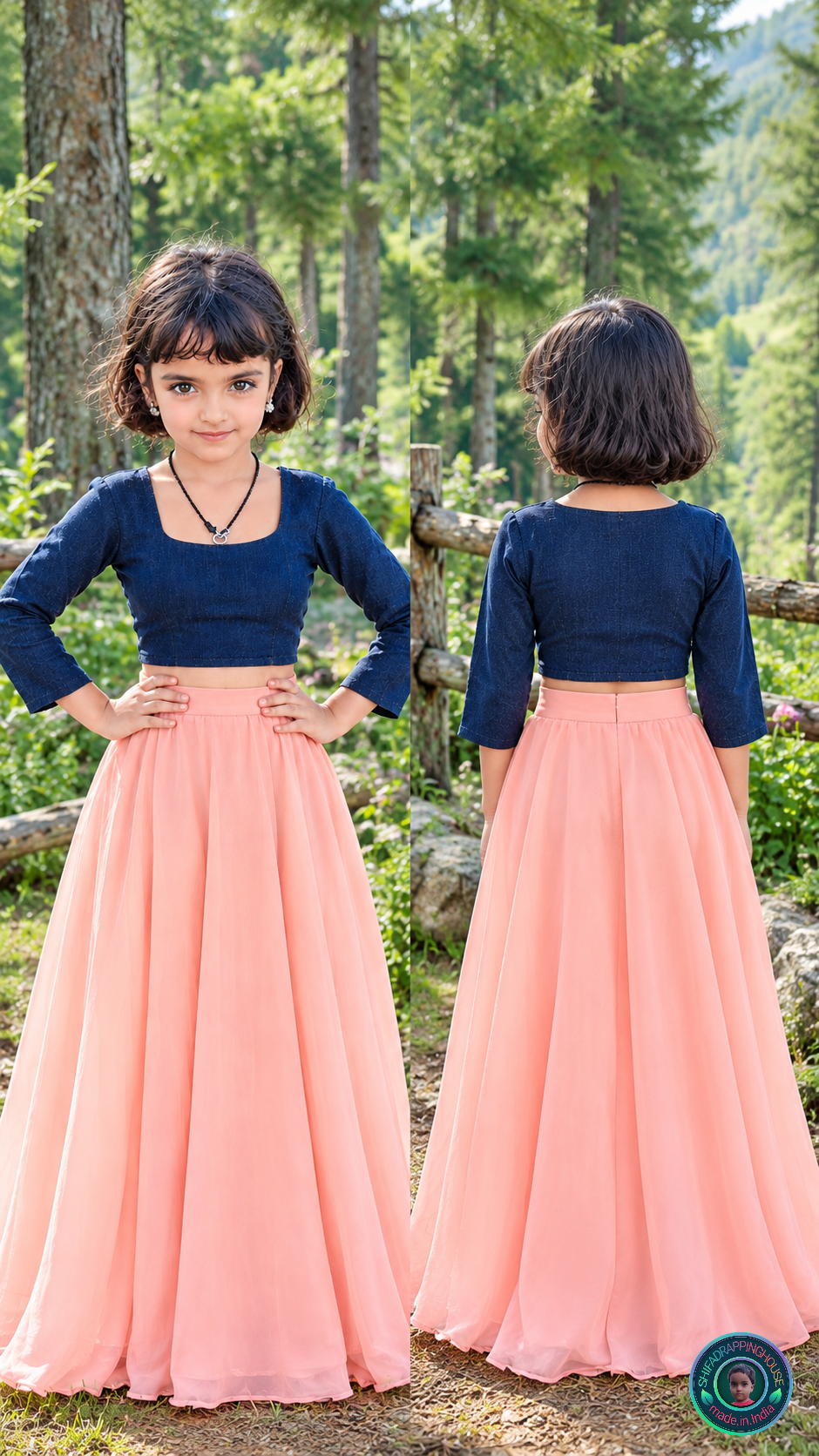 Premium Navy Blue Denim Round Neck Blouse – Princess Cut Indo-Western Crop Top (Soft Cotton Lined) - Mom & Daughter Matching