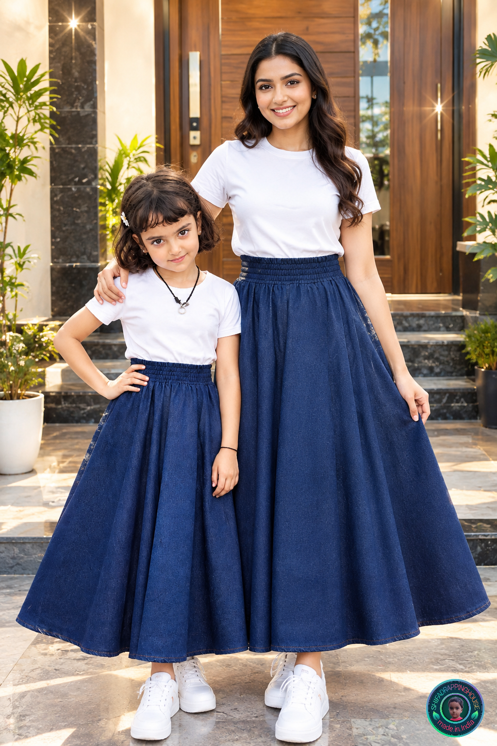Navy Blue Denim Gathered Midi Skirt with Wide Elasticated Waistband & Inner Lining - Mom & Daughter Matching