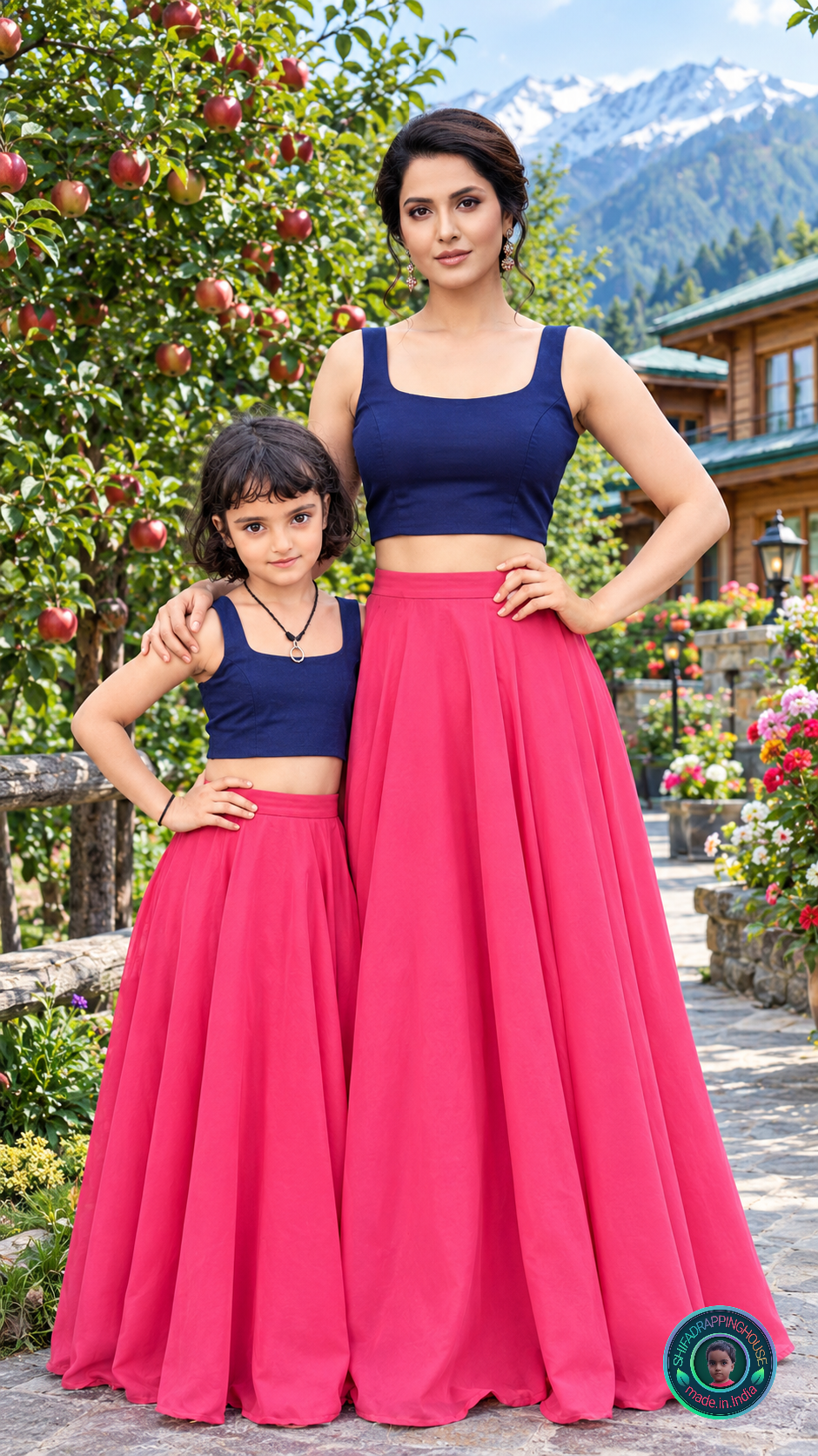 Premium Navy Blue Denim Square Neck Crop Blouse – Sleeveless Indo-Western Top Mom & Daughter Matching