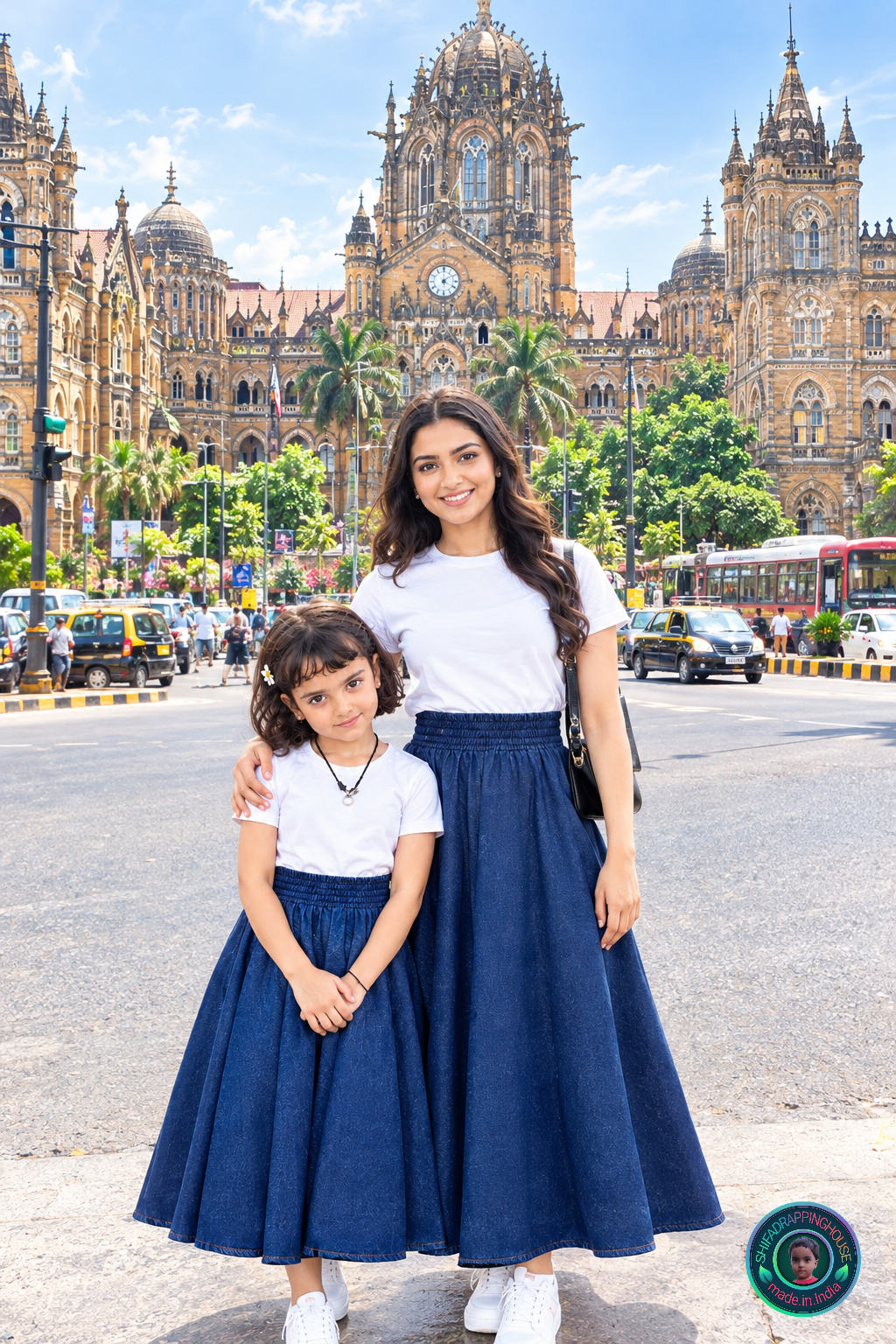 Navy Blue Denim Gathered Midi Skirt with Wide Elasticated Waistband & Inner Lining - Mom & Daughter Matching