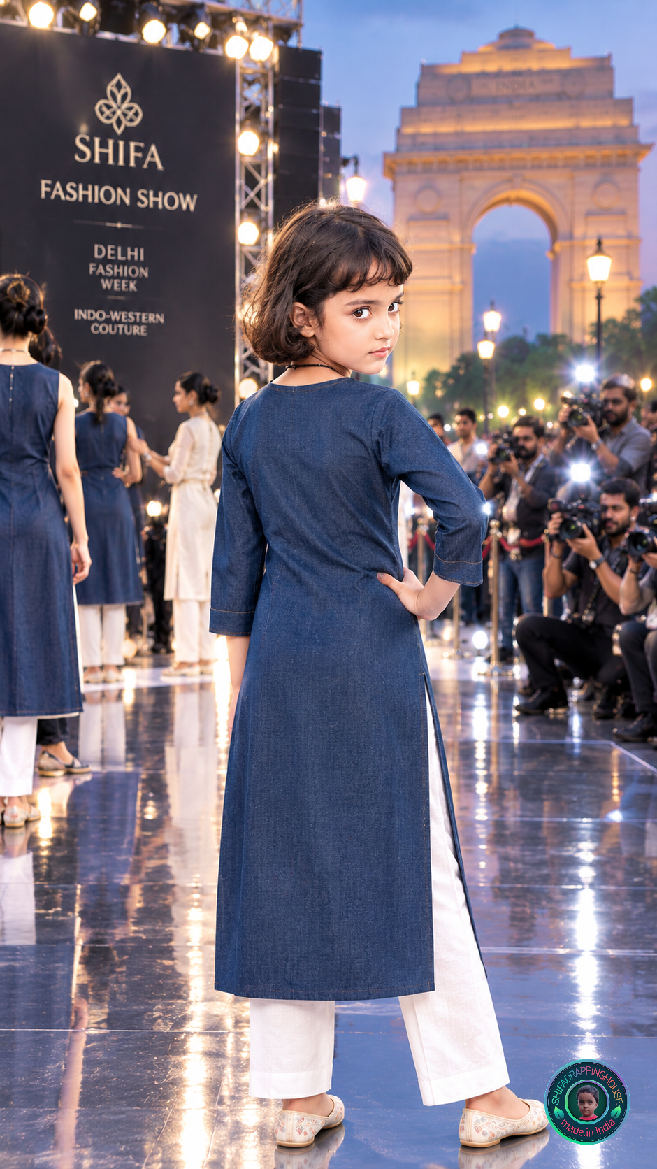 Kids Elite Navy Denim Zig-Zag Kurta | Handcrafted Tri-Color Anchoring & Wooden Detail Edition