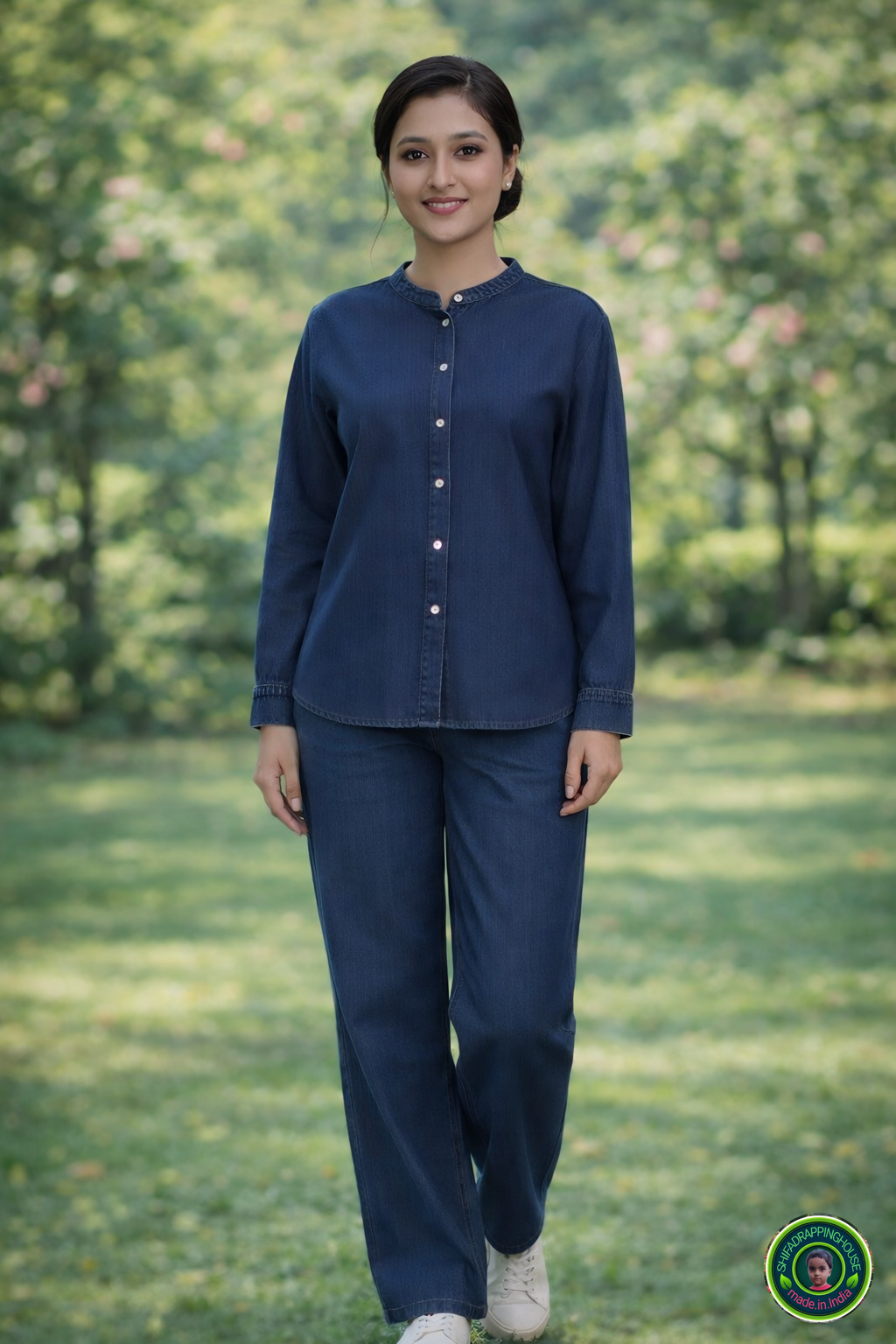 Premium Soft Denim Chinese Collar Shirt with Pearl White Buttons – Shifa Drapping House Exclusive