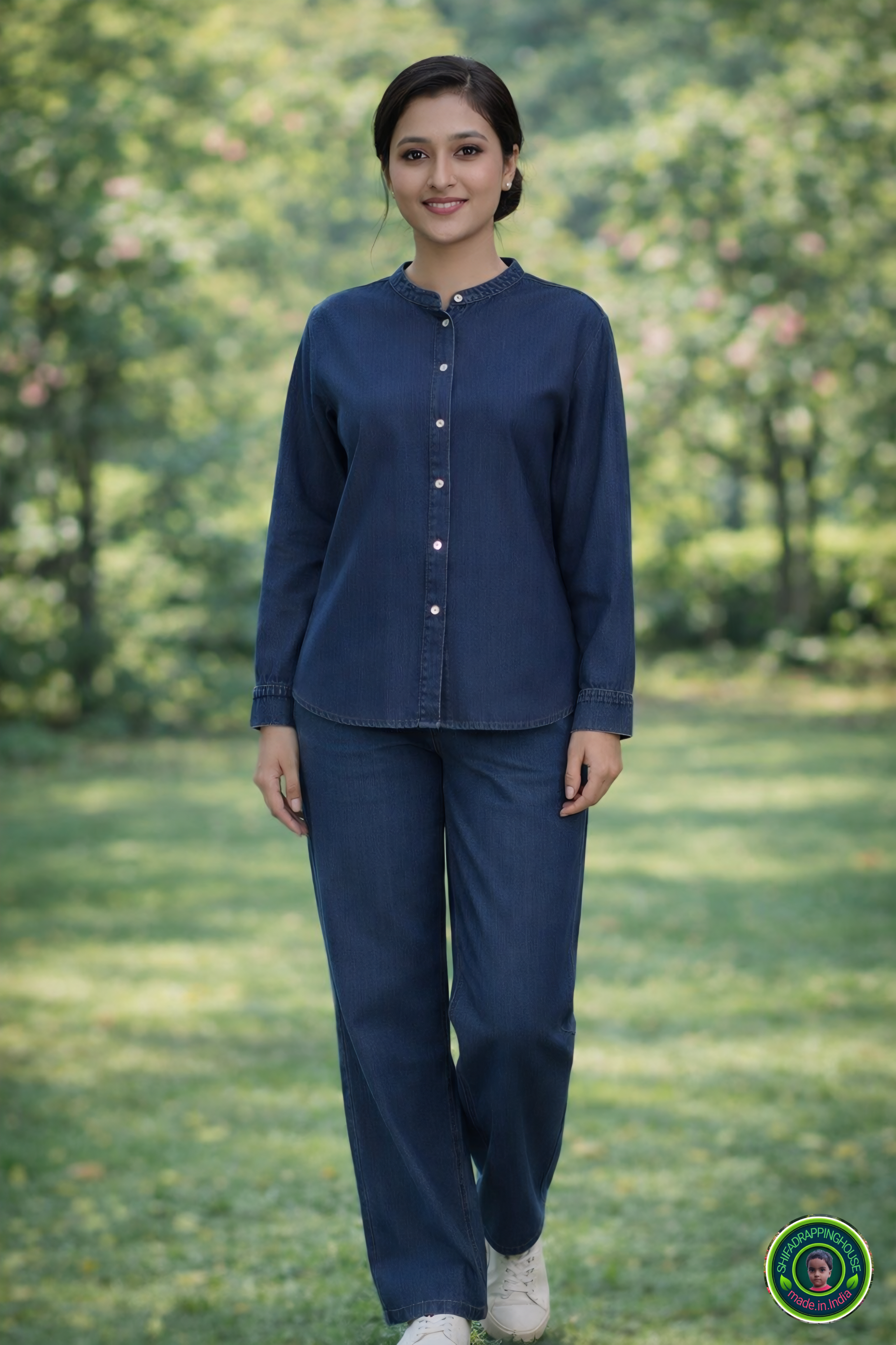 Premium Soft Denim Chinese Collar Shirt with Pearl White Buttons – Shifa Drapping House Exclusive