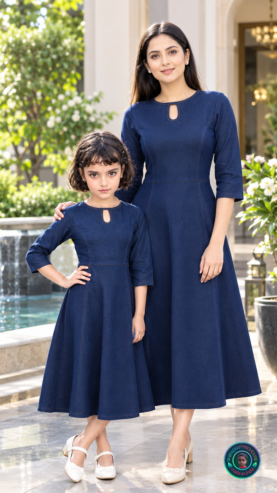 Kids Royal Navy Blue Denim Midi Dress with Keyhole Neck & 3/4 Sleeves