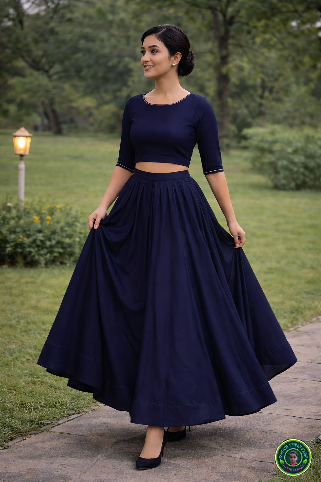 Midnight Navy Soft Denim Lehenga Set – Modern Minimalist Edition
