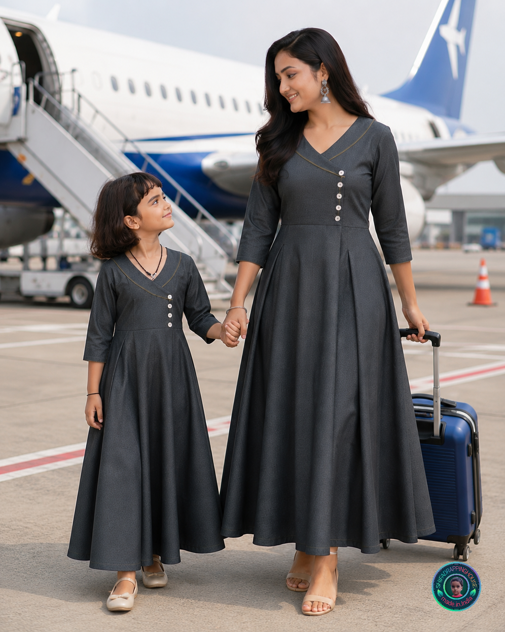 Shifa Drapping House - Premium Charcoal Black-Grey Denim Overlap Maxi Dress with White Buttons & Back Tie-Up