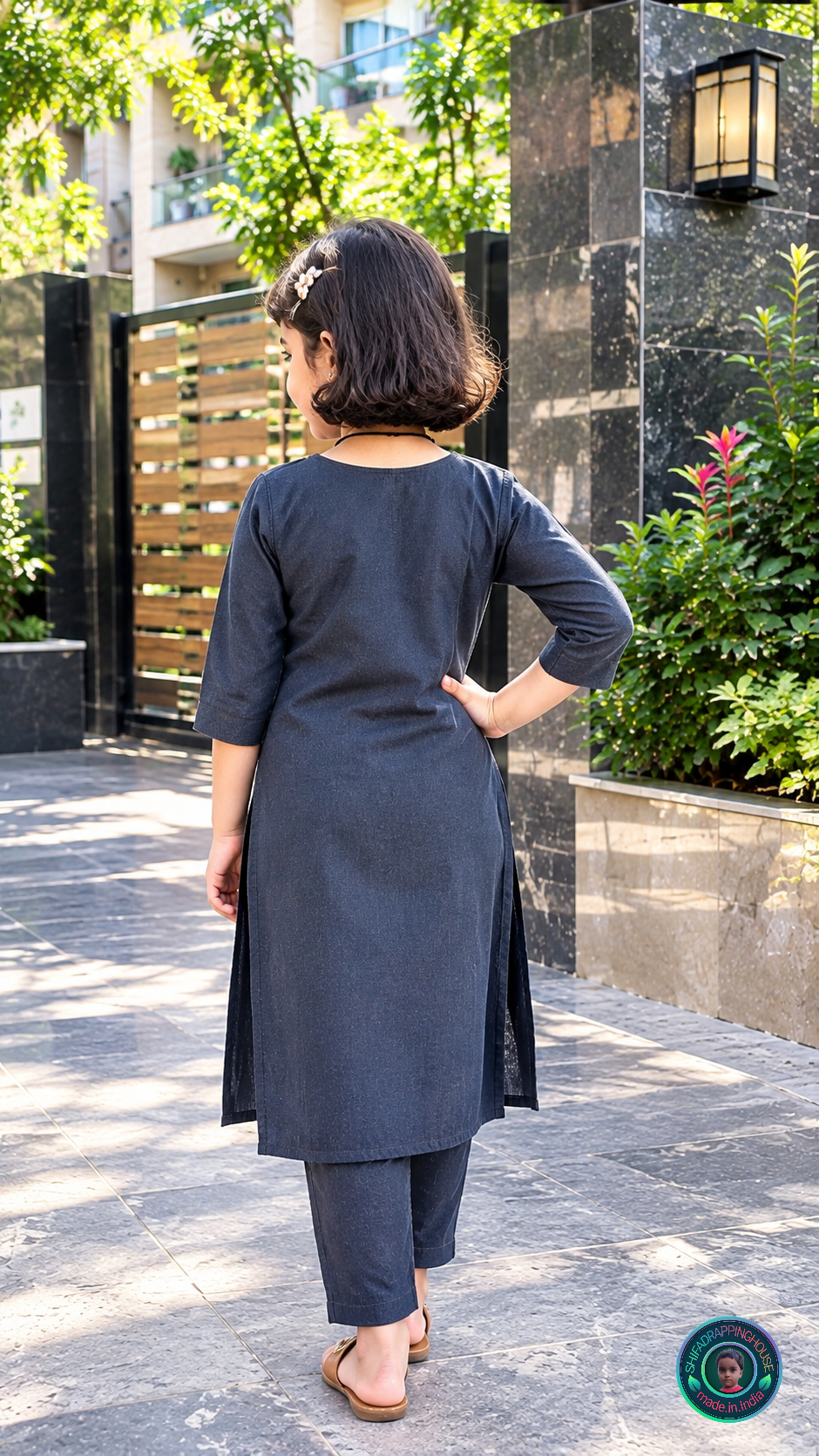 Kids Designer Black Denim Kurti with Contrast Stitching & Side Slits