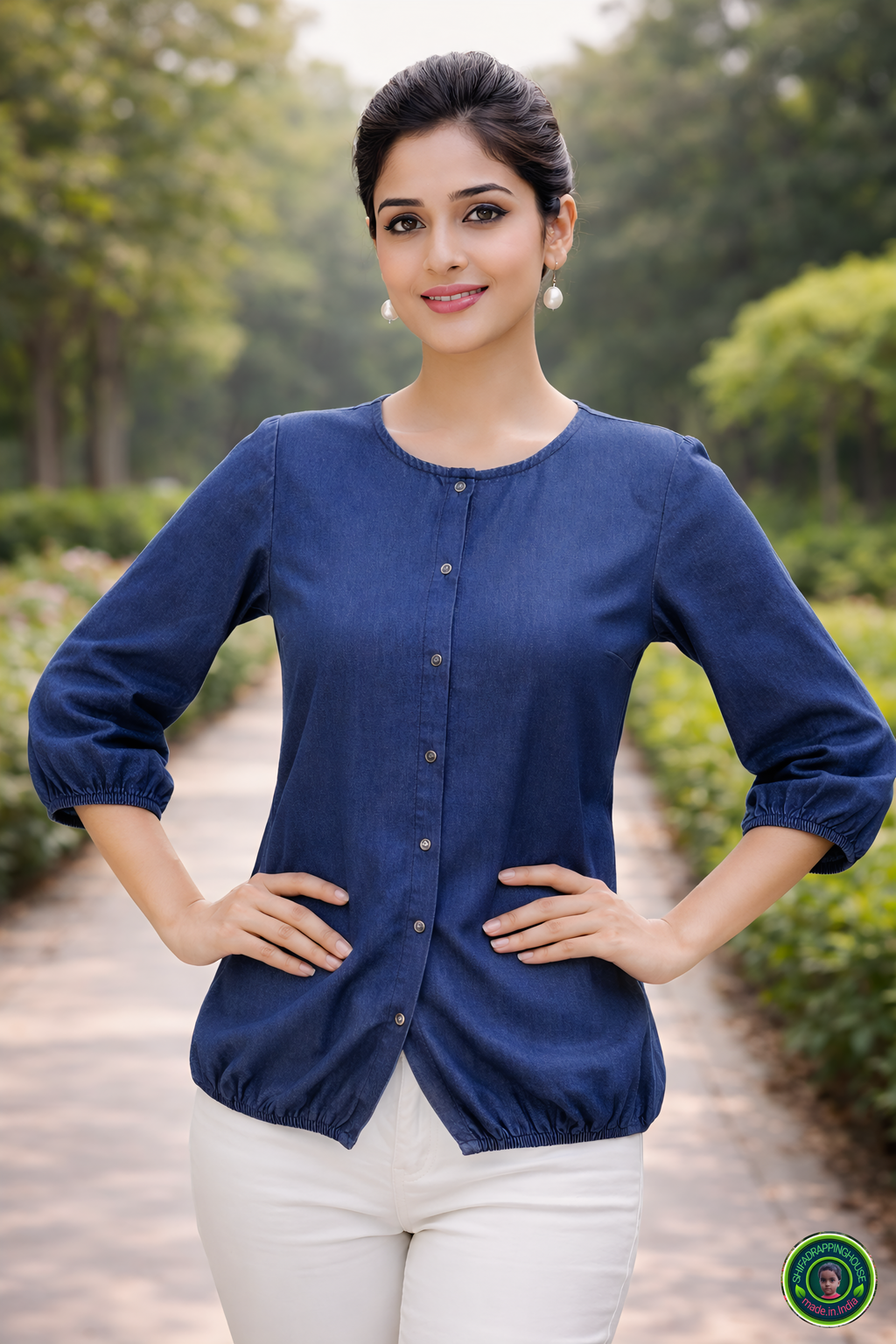 Exclusive Navy Blue Soft Denim Indo-Western Top – Elasticated Hem & 3/4 Sleeves with Round Neck