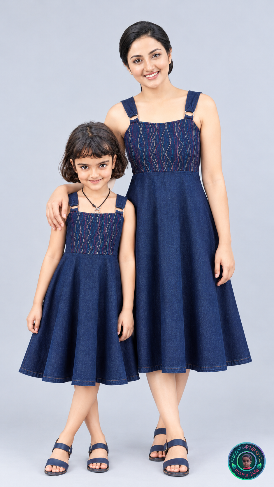 ShifaDrappinghouse Kids & Women: Blue Denim A-Line Dress – Multi-Color Anchor Stitch Embroidery