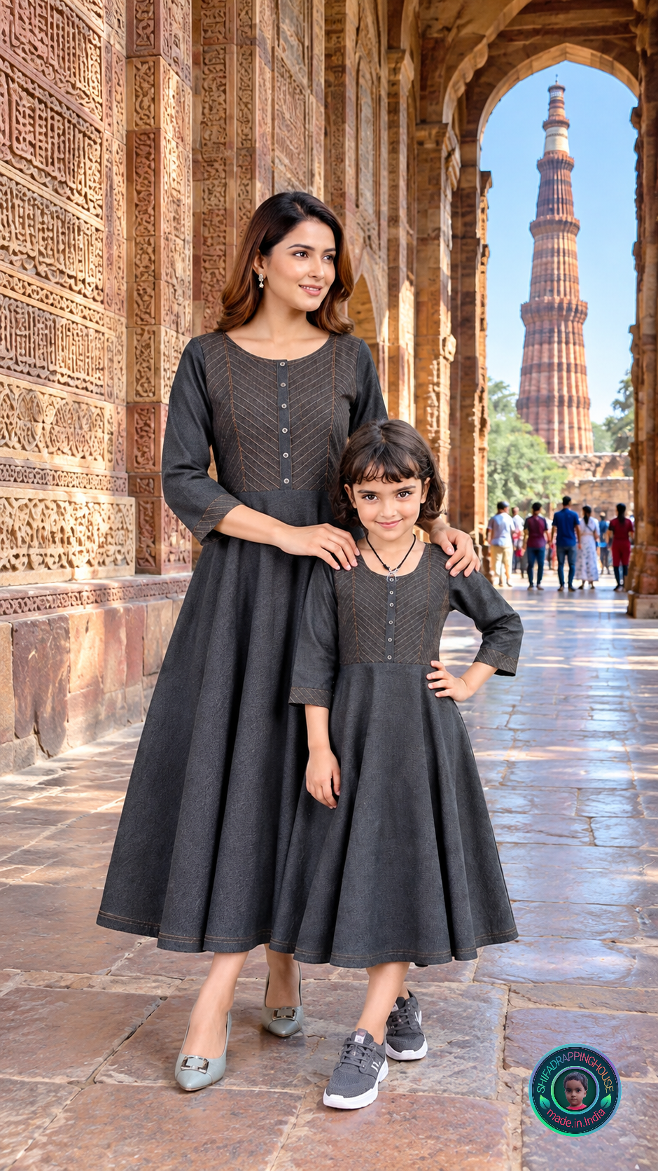 Charcoal Black-Grey Denim Indo-Western Mom-Daughter Matching Midi Dress