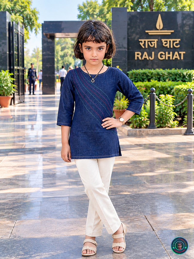 Royal Indigo Denim Boat-Neck Top with Handcrafted Anchoring Stitch - Mom & Daughter Matching