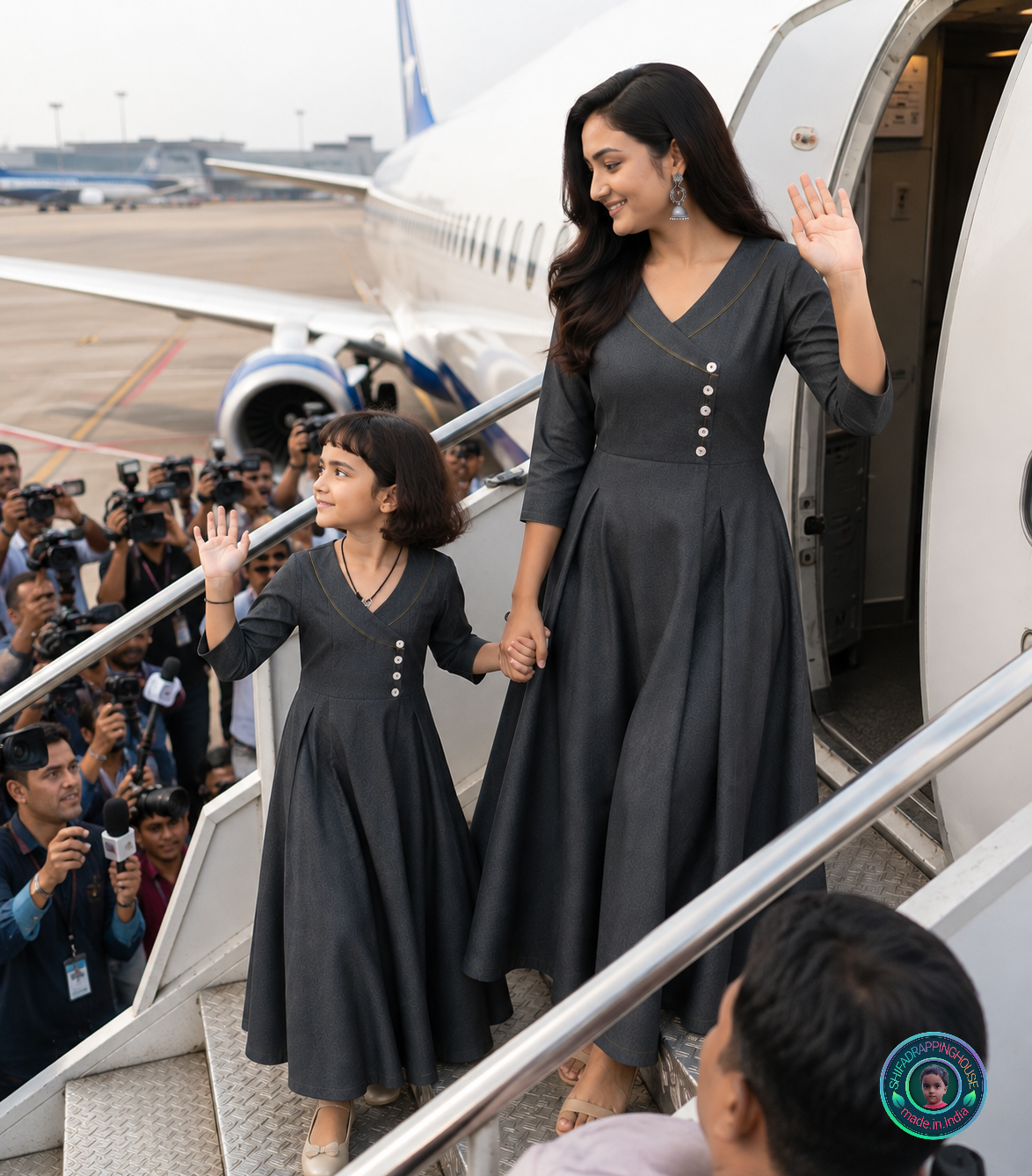 Shifa Drapping House - Premium Charcoal Black-Grey Denim Overlap Maxi Dress with White Buttons & Back Tie-Up