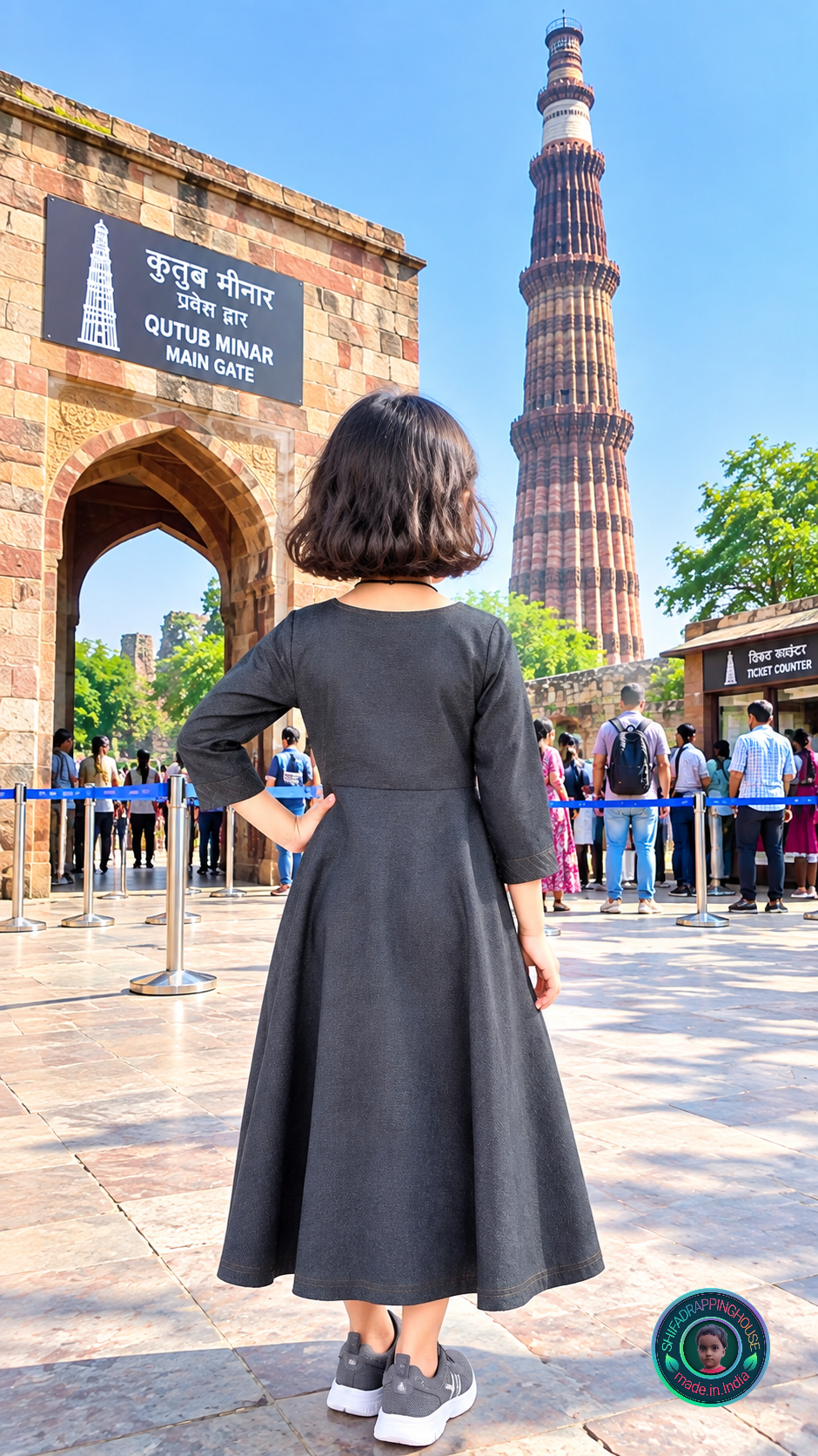 Charcoal Black-Grey Denim Indo-Western Mom-Daughter Matching Midi Dress