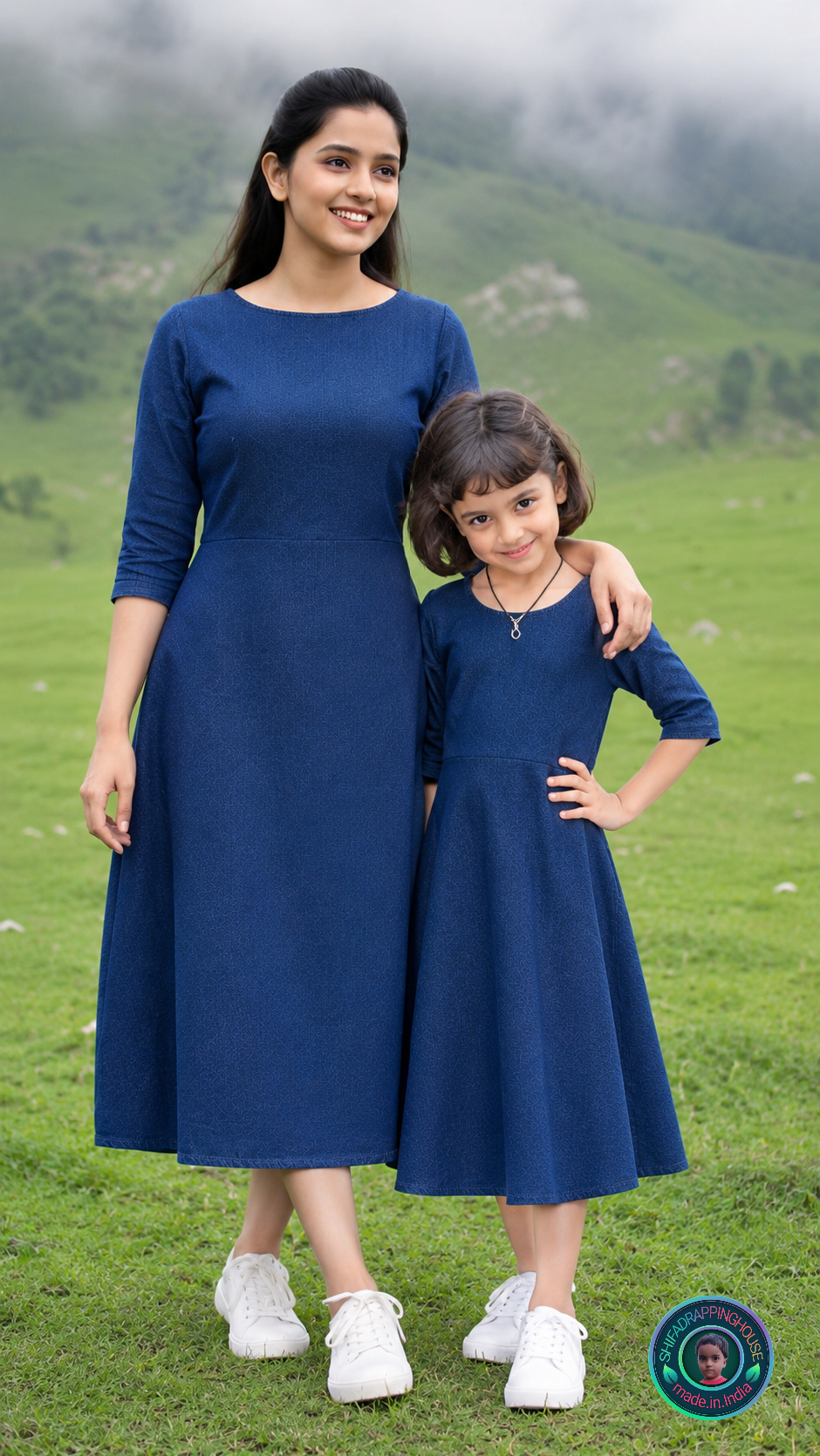 Elite Navy Blue Denim A-Line Midi Dress with Concealed Back Zipper & Side Pockets