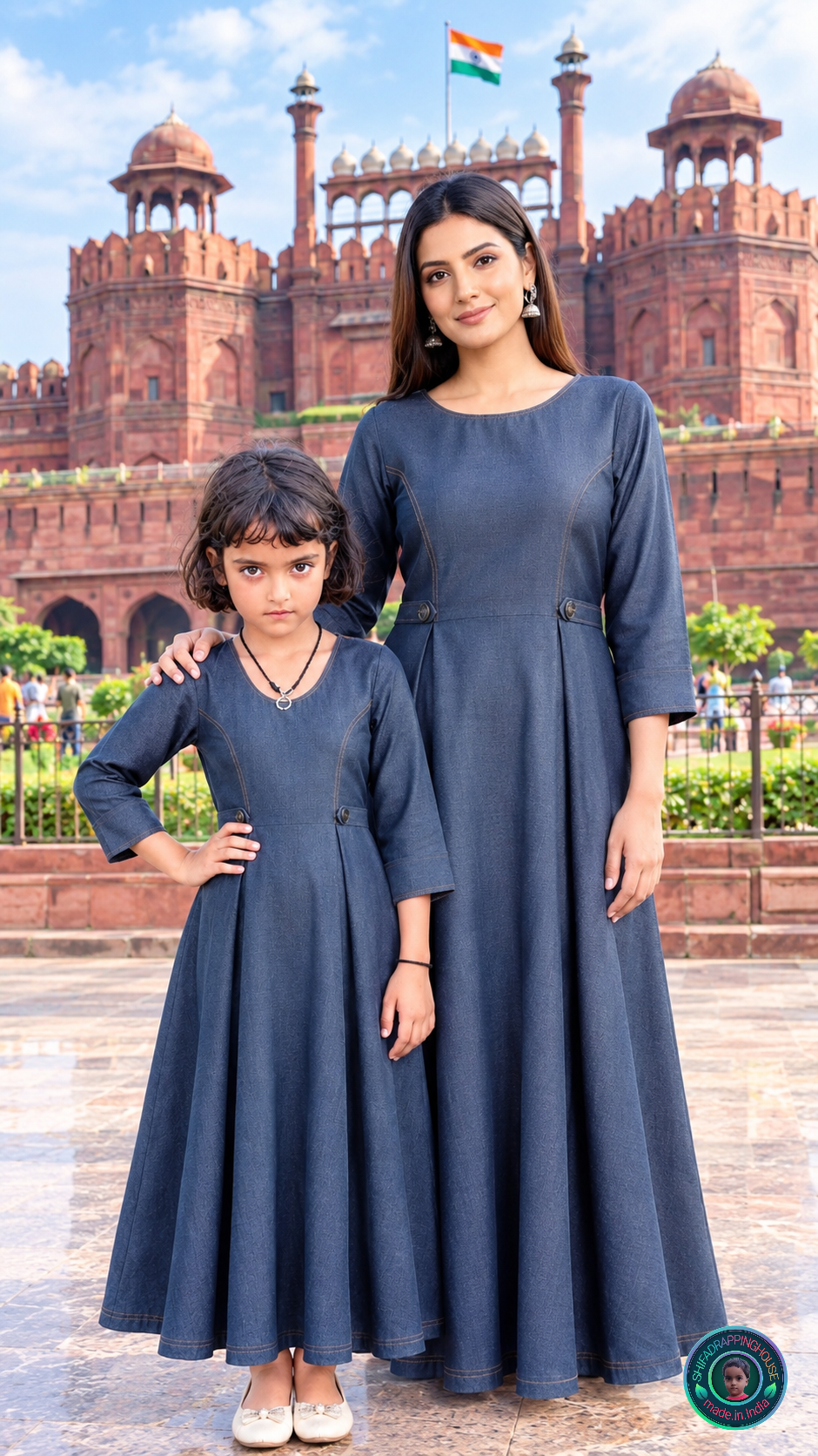 Elegant Grey Denim A-Line Maxi Dress with Contrast Stitching & Princess Cut - Mom & Daughter Matching