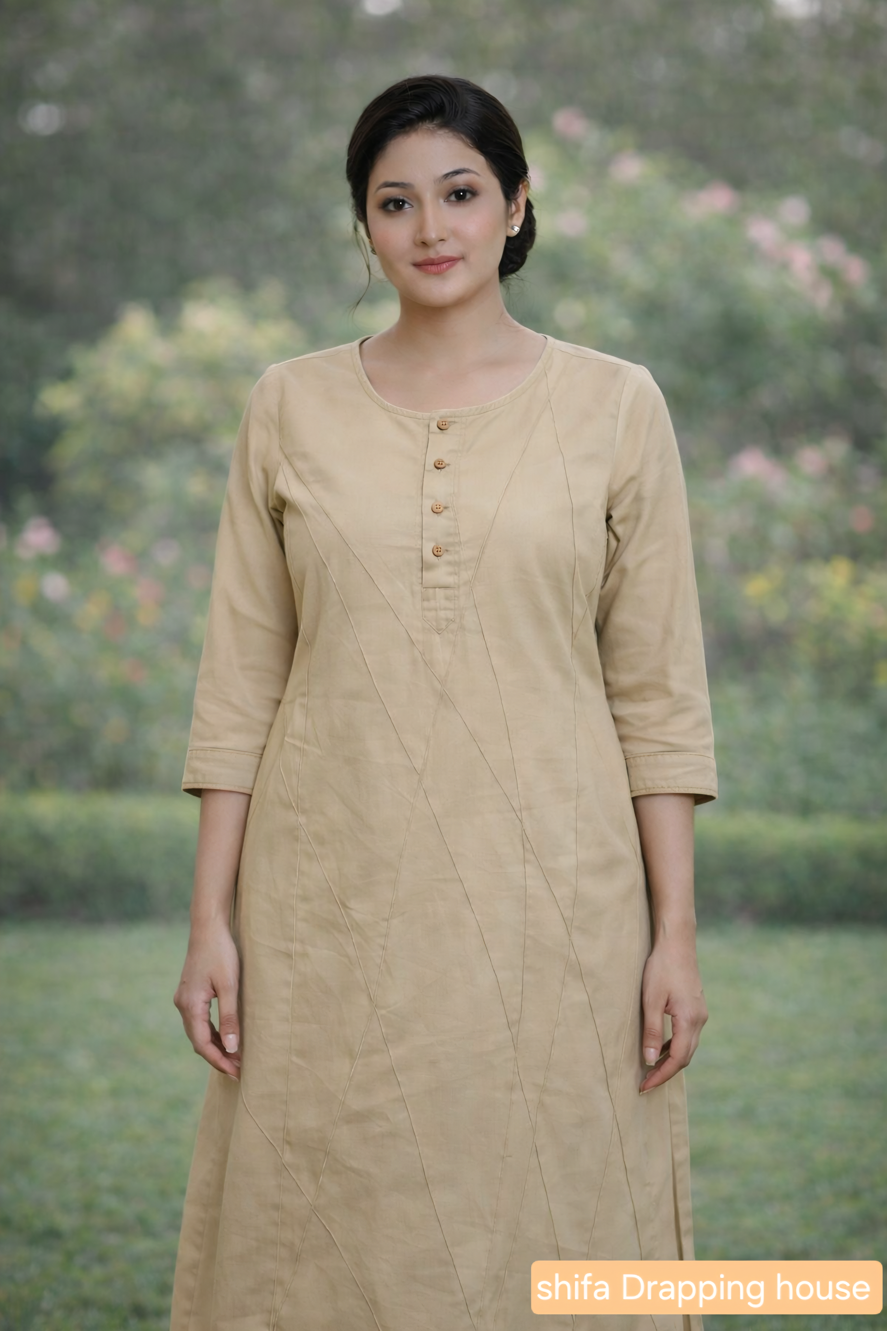 Women's Beige Cotton Straight Kurta with Geometric Stitching & 3/4 Sleeves